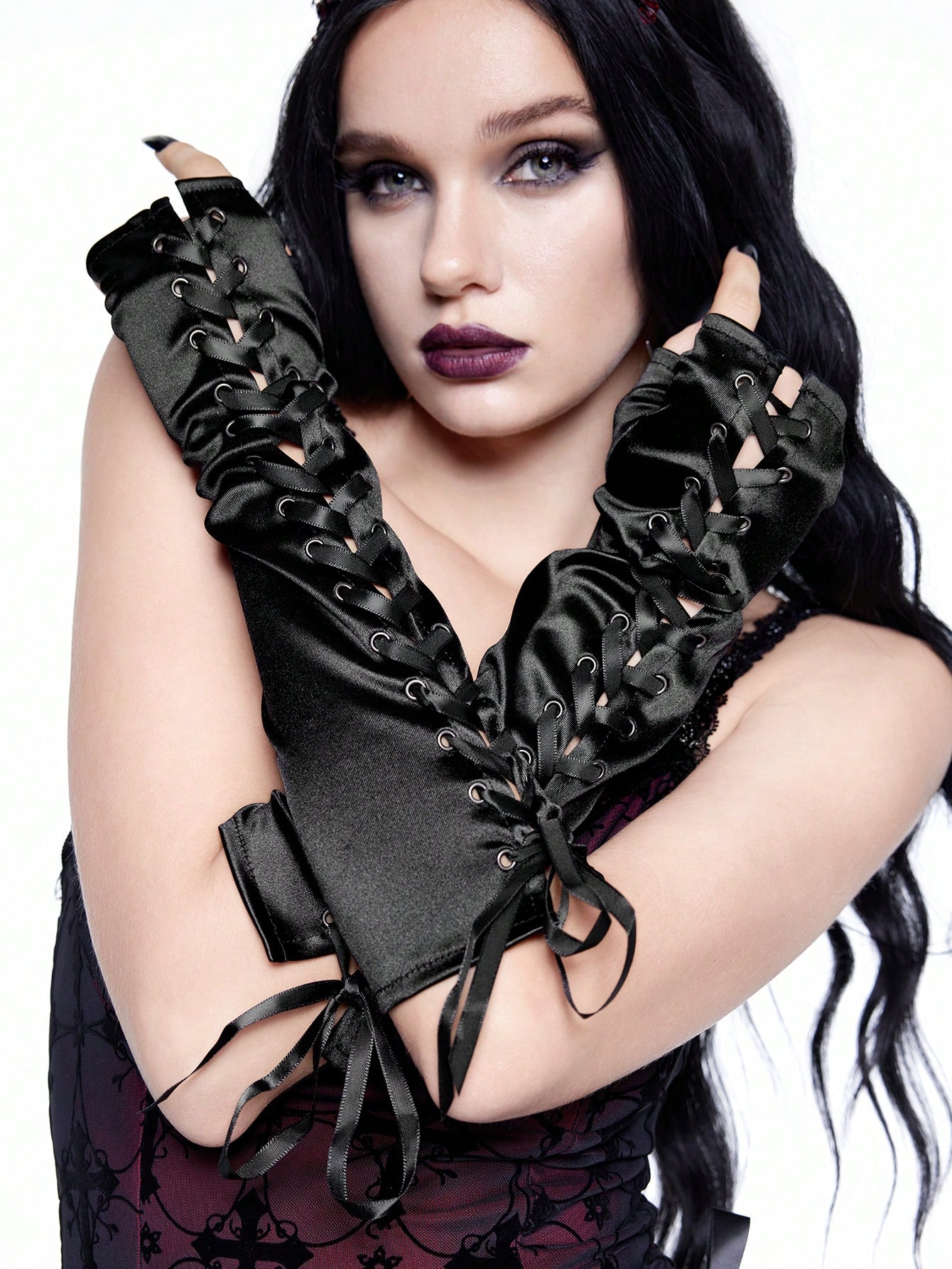 Goth 1 Pair Dark Goth Style Lace-Up Fingerless Gloves, Punk Arm Cuffs, Suitable For Party Cosplay Outfit