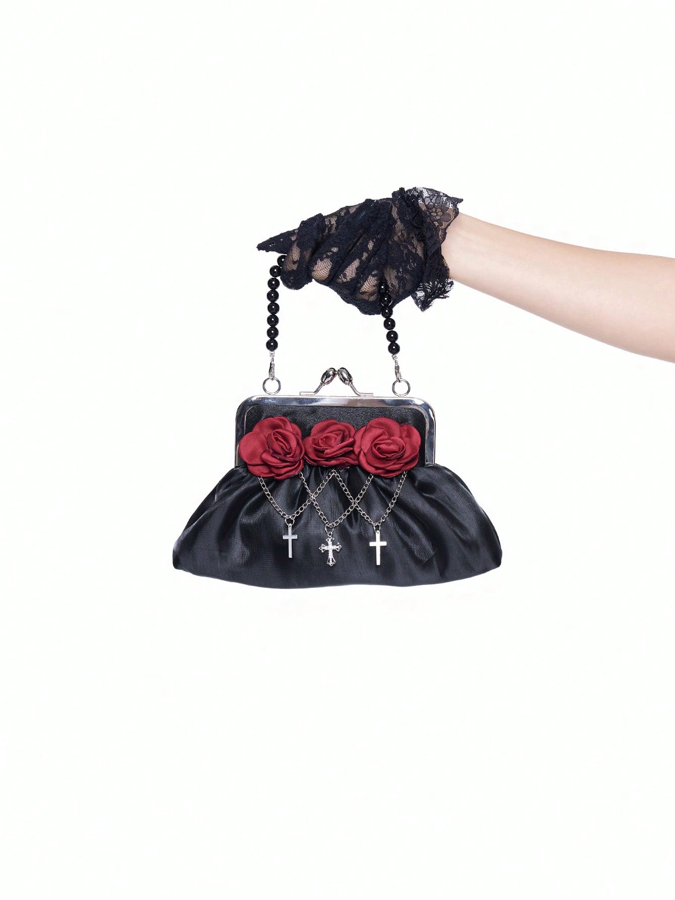 Goth Burgundy Vintage Camellia Rhinestone Cross Charm Chain Decor Women Handbag Shoulder Bag, Suitable For Valentine's Day And Date Valentines