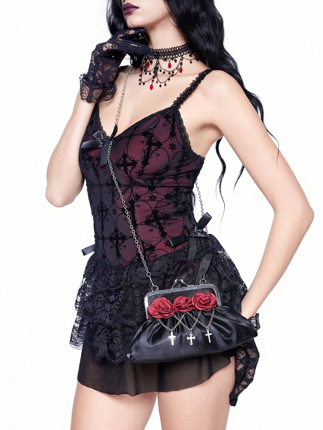 Goth Burgundy Vintage Camellia Rhinestone Cross Charm Chain Decor Women Handbag Shoulder Bag, Suitable For Valentine's Day And Date Valentines