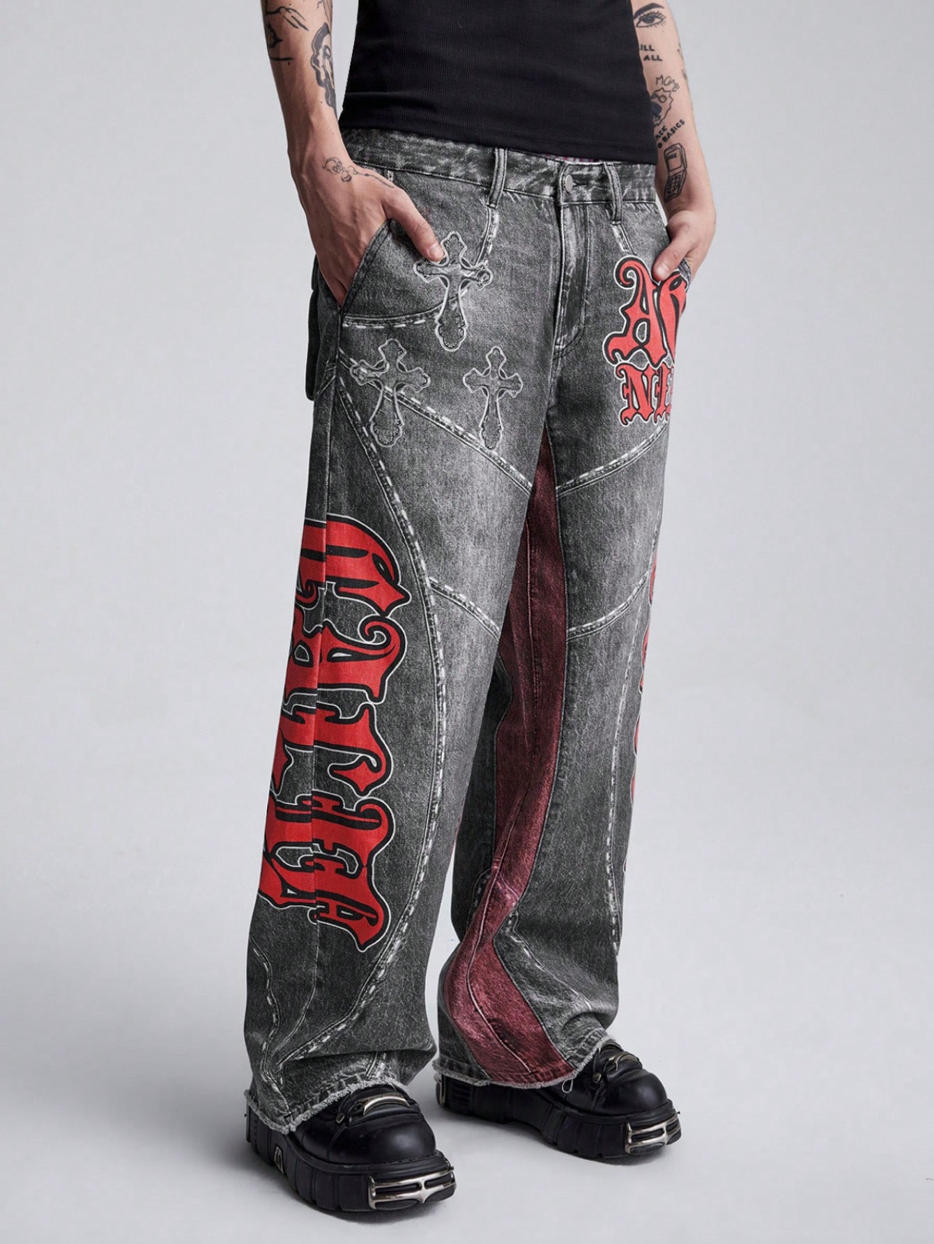 Grunge Punk Men's Casual Loose Fit Letter Print Washed Denim Jeans