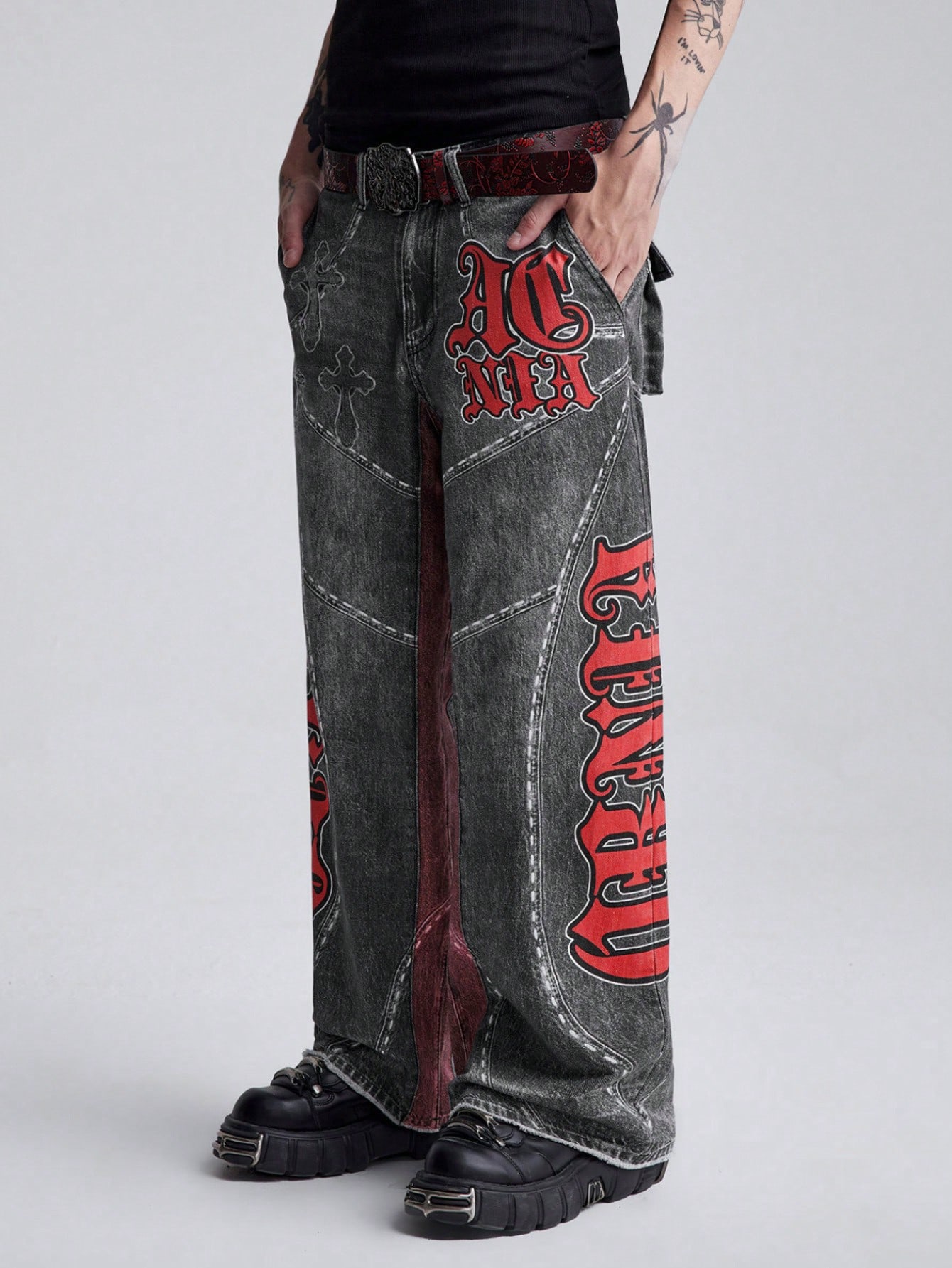 Grunge Punk Men's Casual Loose Fit Letter Print Washed Denim Jeans