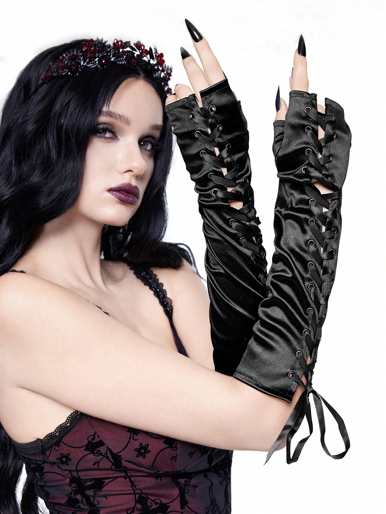 Goth 1 Pair Dark Goth Style Lace-Up Fingerless Gloves, Punk Arm Cuffs, Suitable For Party Cosplay Outfit