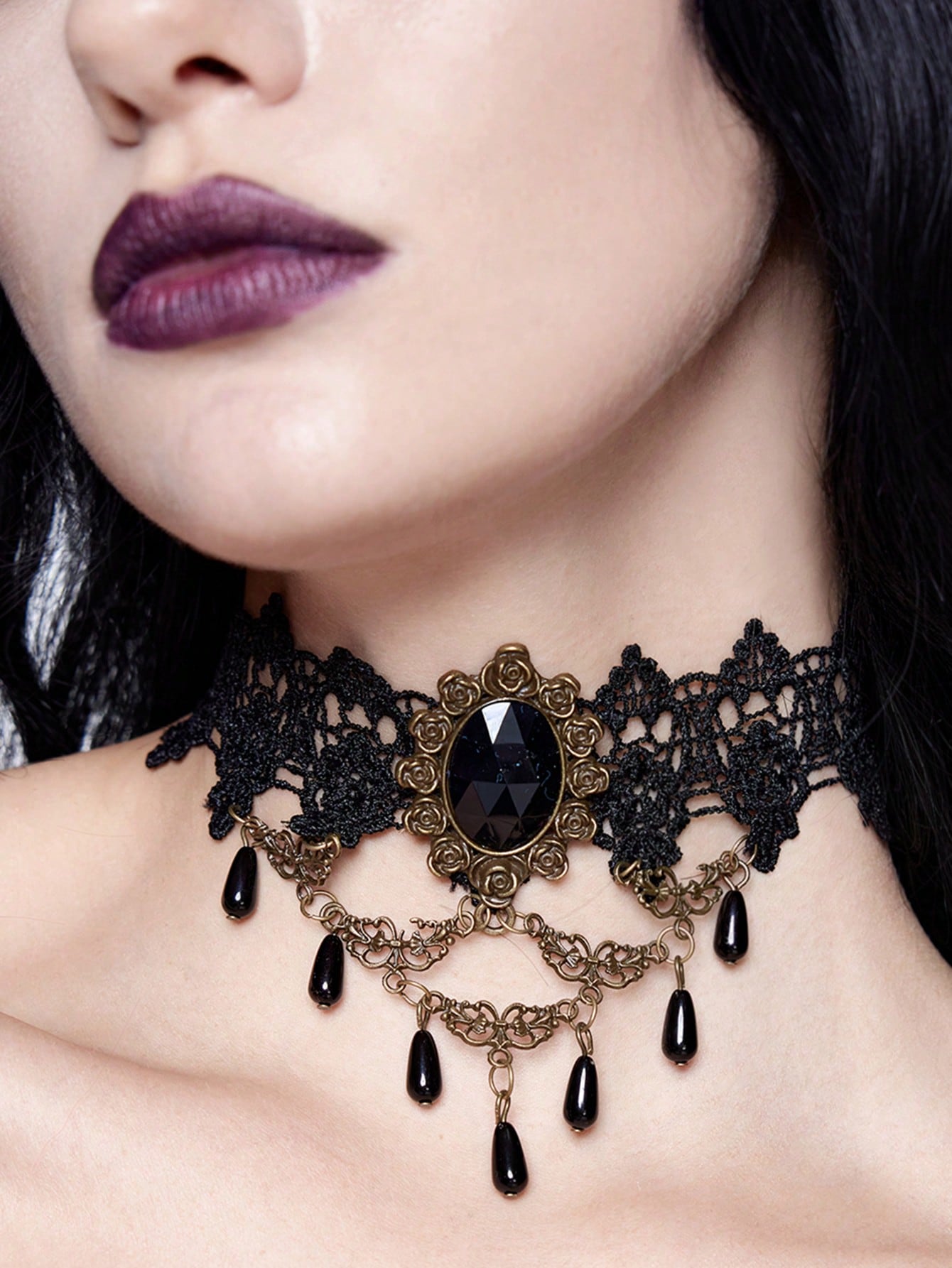 Goth Classic Retro Black Lace Rose Flower Rhinestone Choker Necklace Valentines