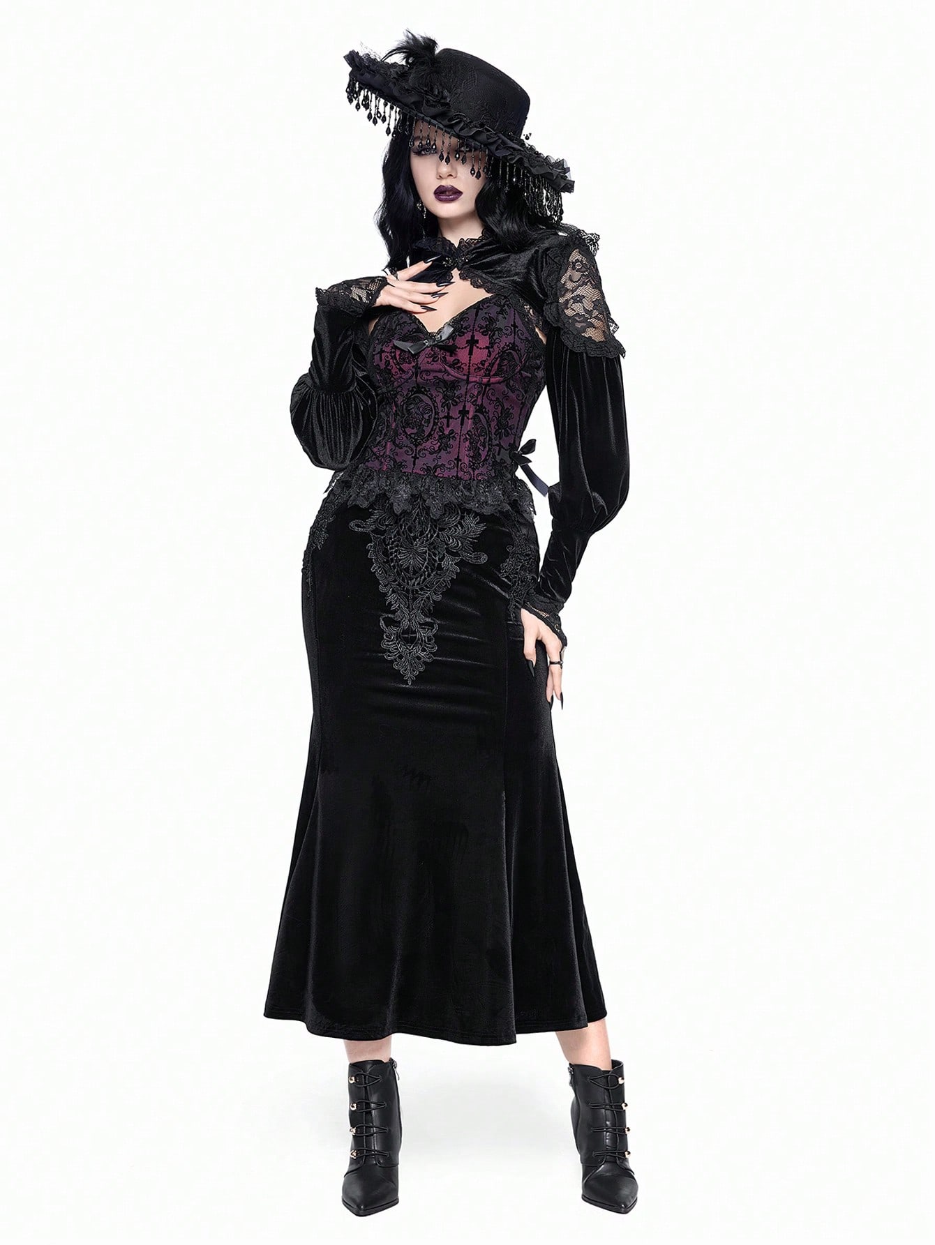 Goth Gothic Retro Palace Embroidery Patch Bodycon Fishtail Midi Skirt