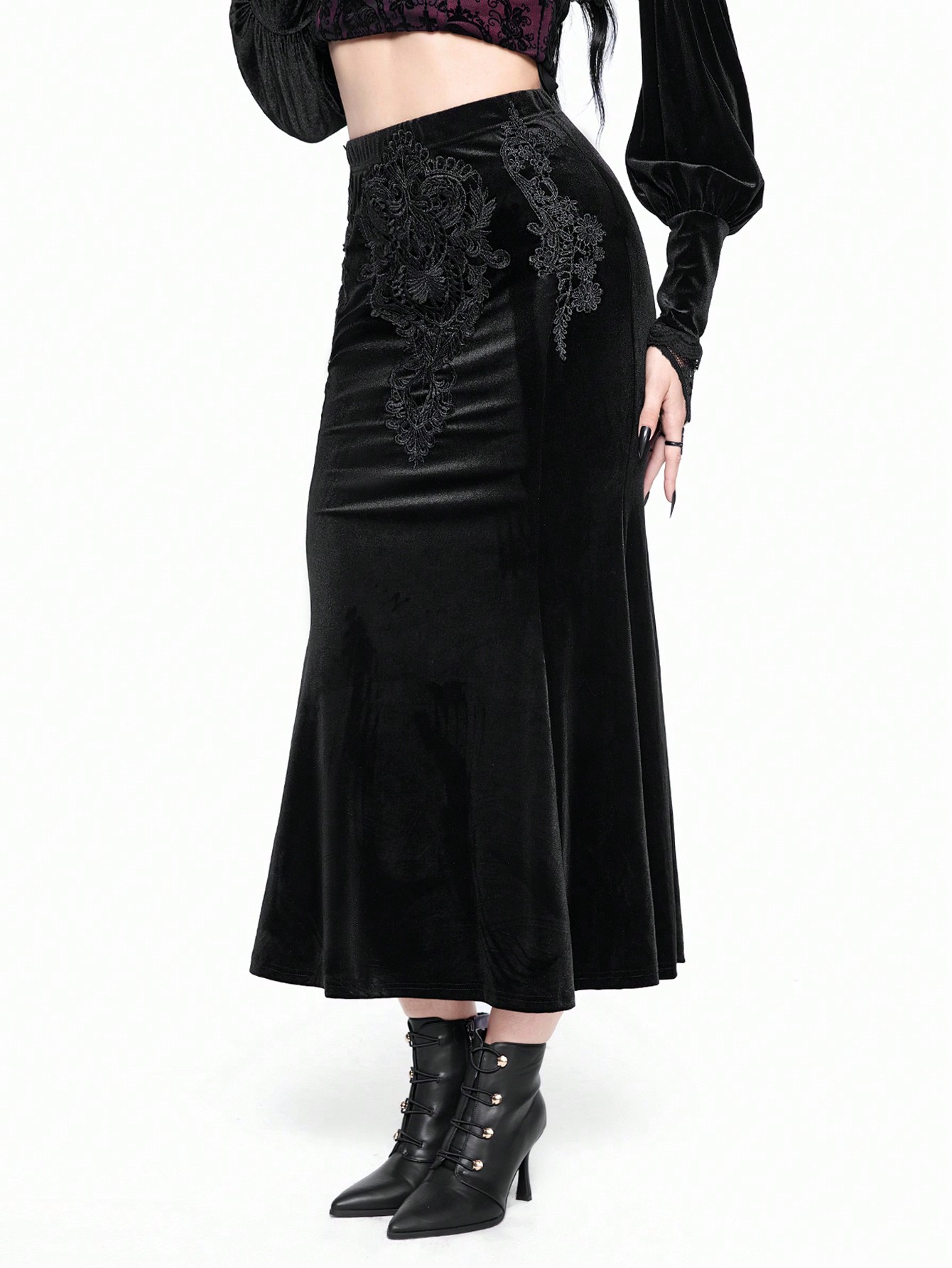 Goth Gothic Retro Palace Embroidery Patch Bodycon Fishtail Midi Skirt