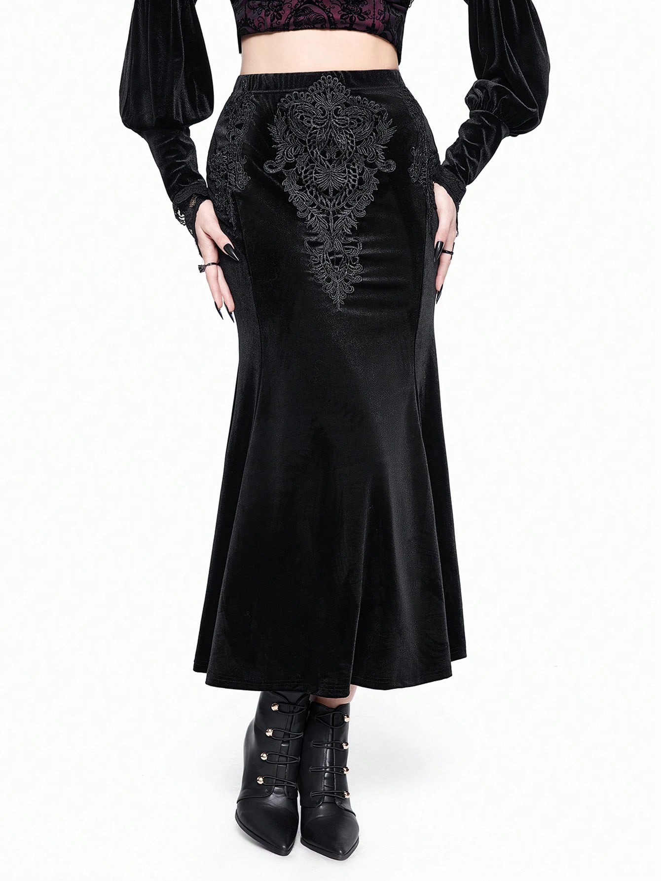 Goth Gothic Retro Palace Embroidery Patch Bodycon Fishtail Midi Skirt