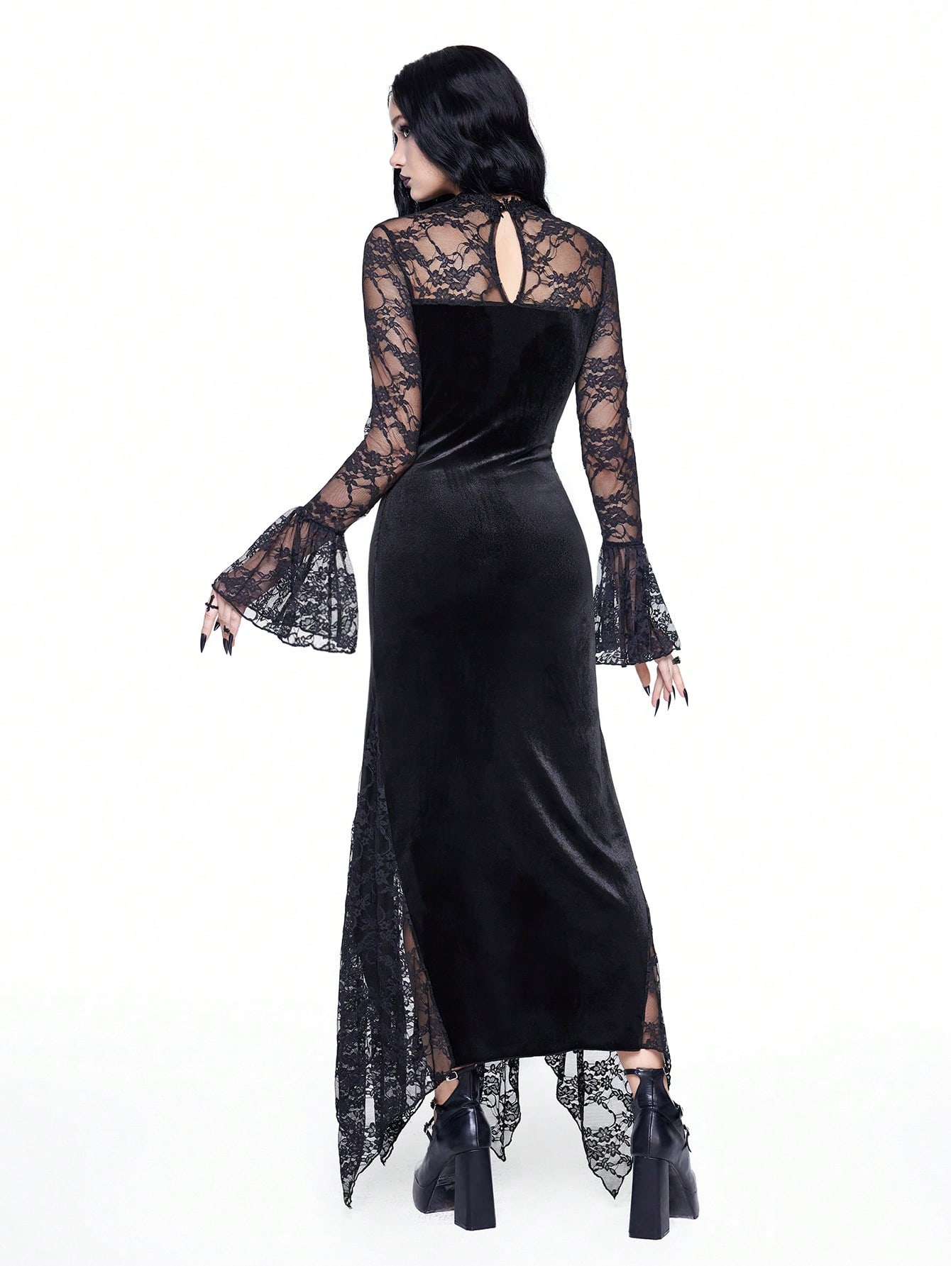 Goth Black Velvet Elegant Gothic Sexy Contrast Lace Applique High Slit Dress For Women, For New Year