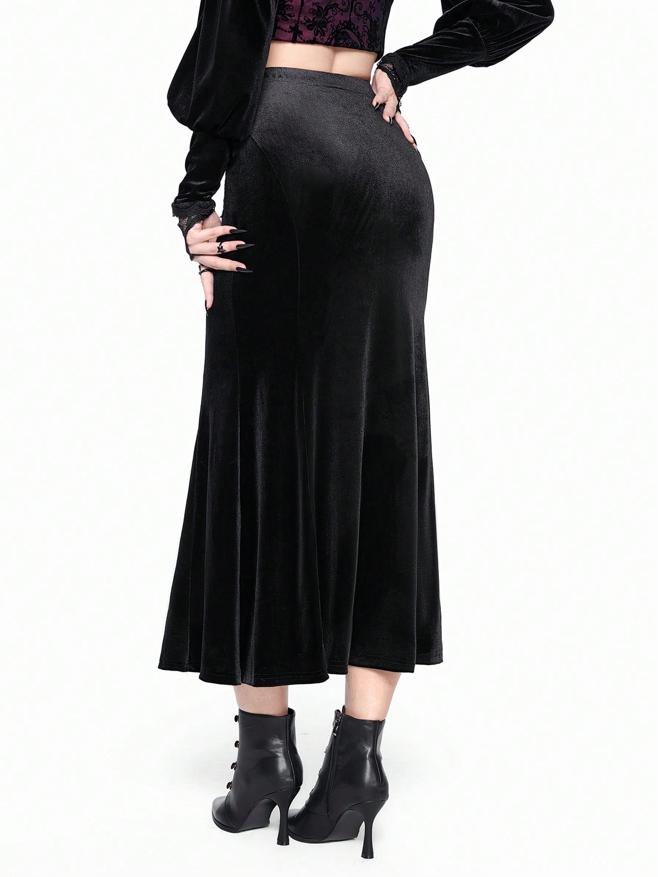 Goth Gothic Retro Palace Embroidery Patch Bodycon Fishtail Midi Skirt