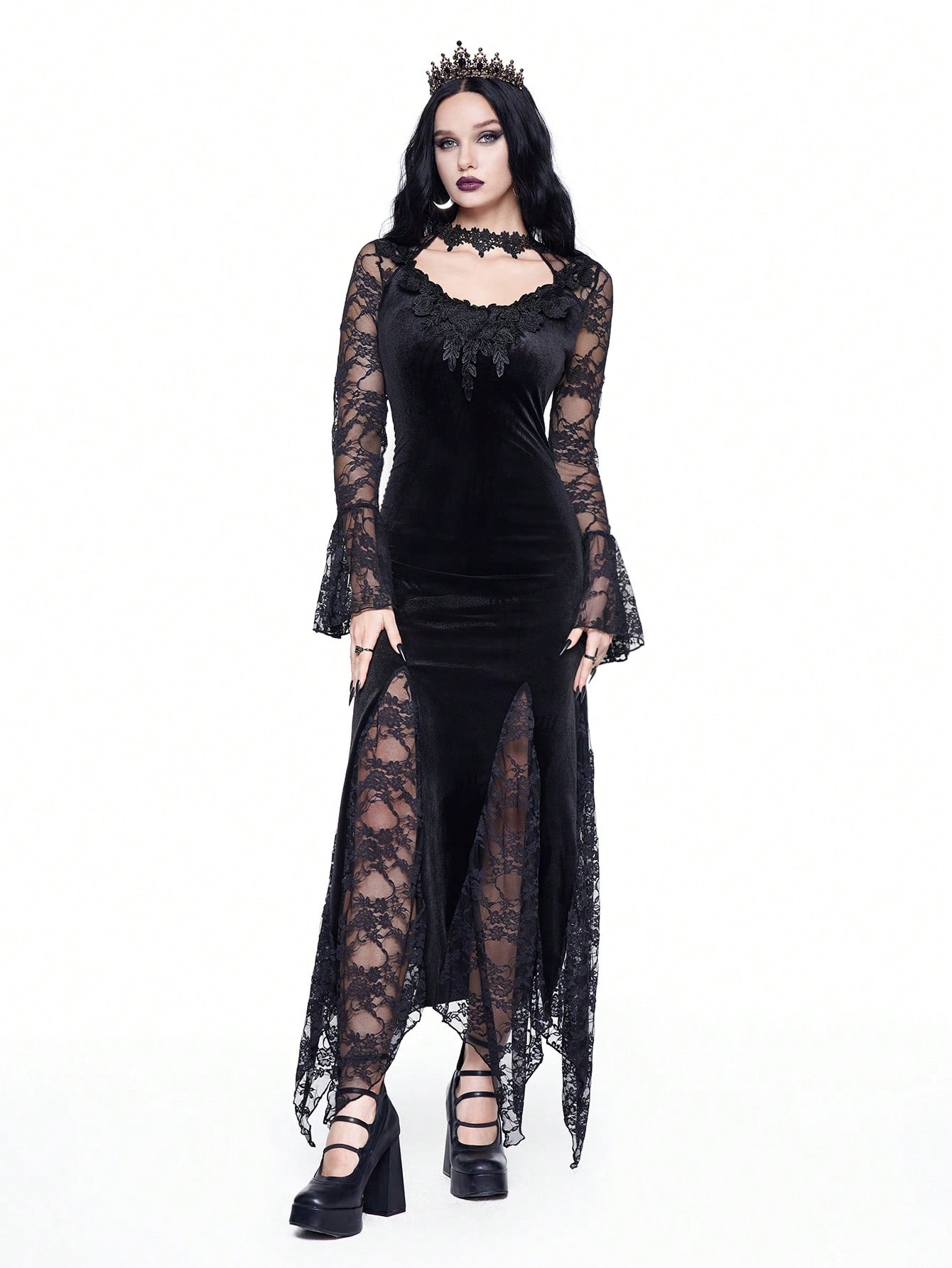 Goth Black Velvet Elegant Gothic Sexy Contrast Lace Applique High Slit Dress For Women, For New Year