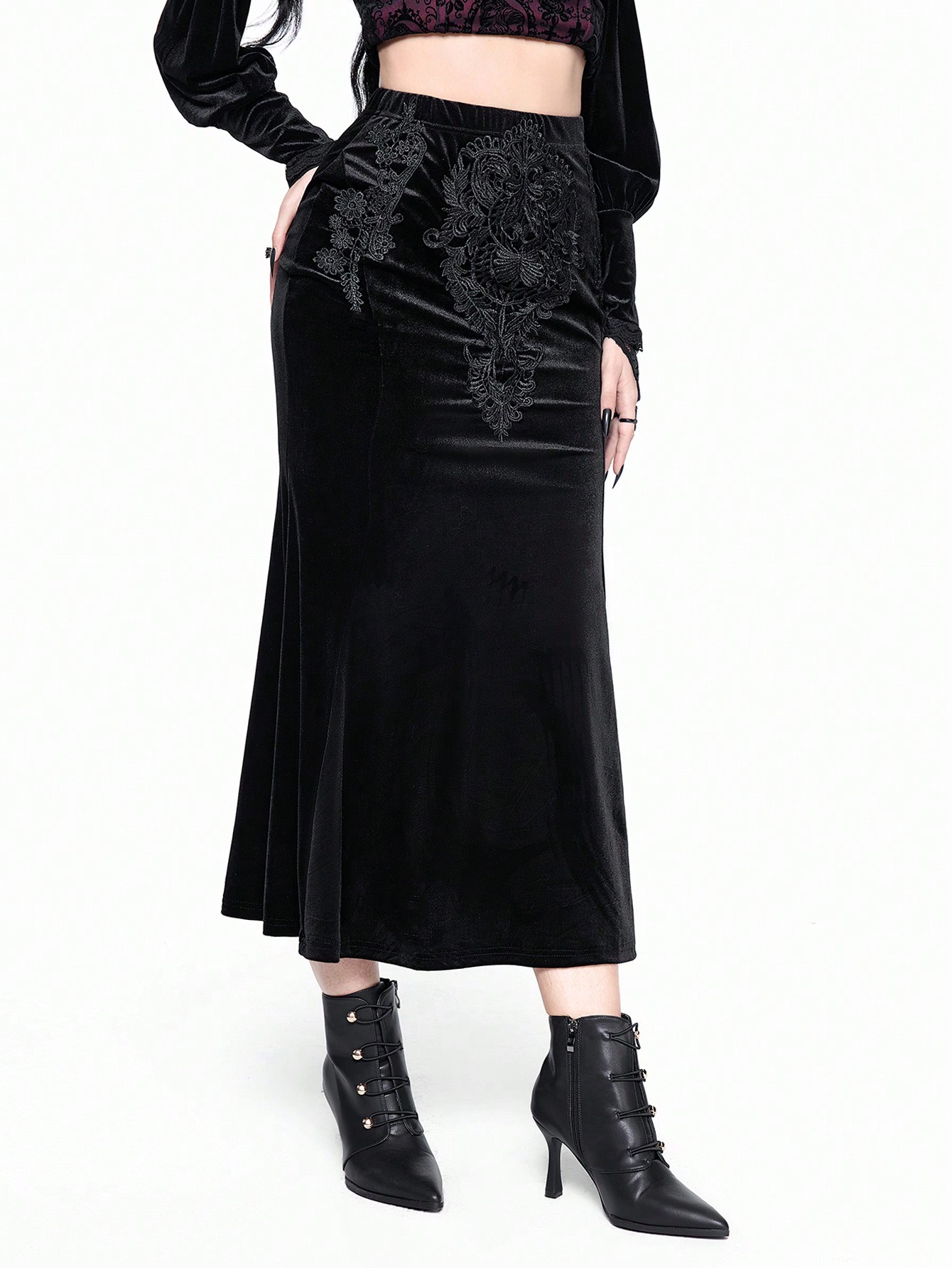 Goth Gothic Retro Palace Embroidery Patch Bodycon Fishtail Midi Skirt