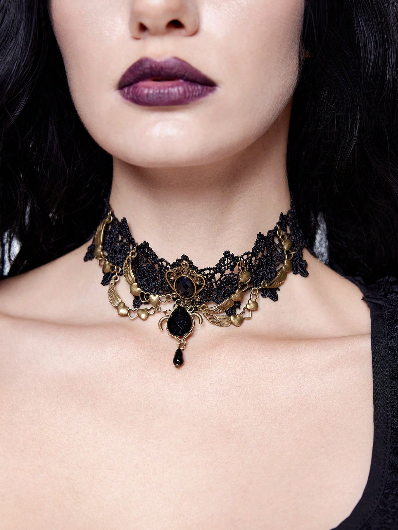 Goth Fashionable Vintage Black Lace Heart Wing Pendant Necklace