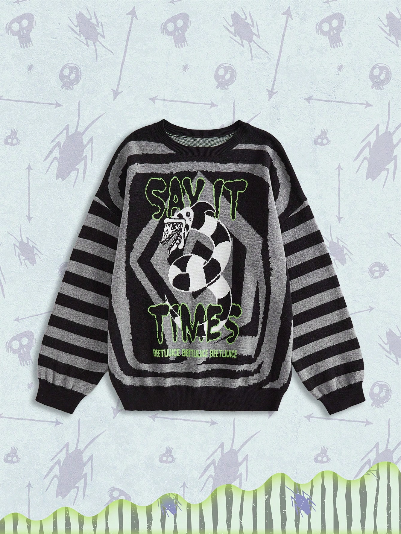 Beetlejuice | ROMWE Plus Size Gothic Striped Contrast Color Swirl Monster Logo Pattern Sweater