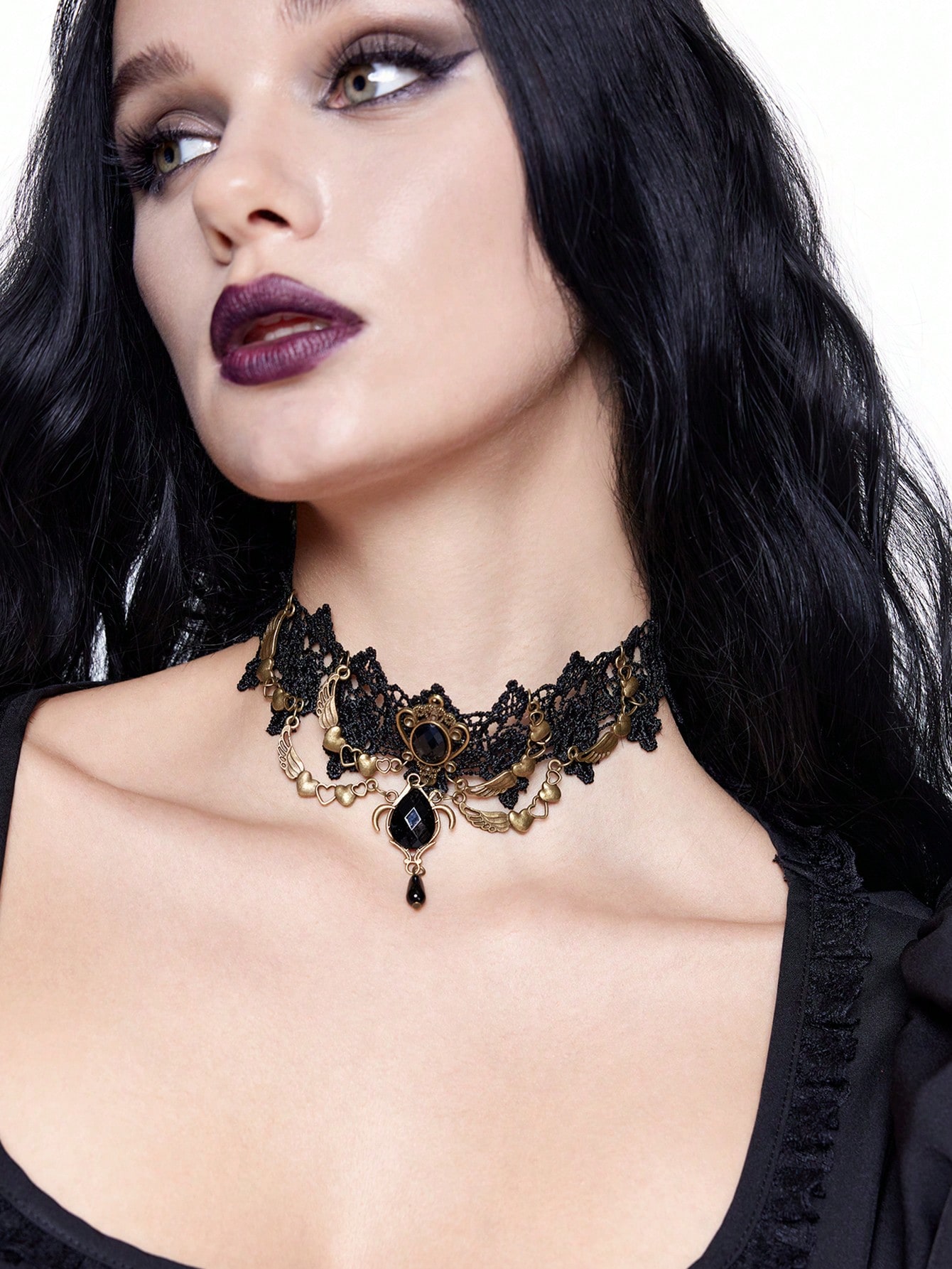 Goth Fashionable Vintage Black Lace Heart Wing Pendant Necklace