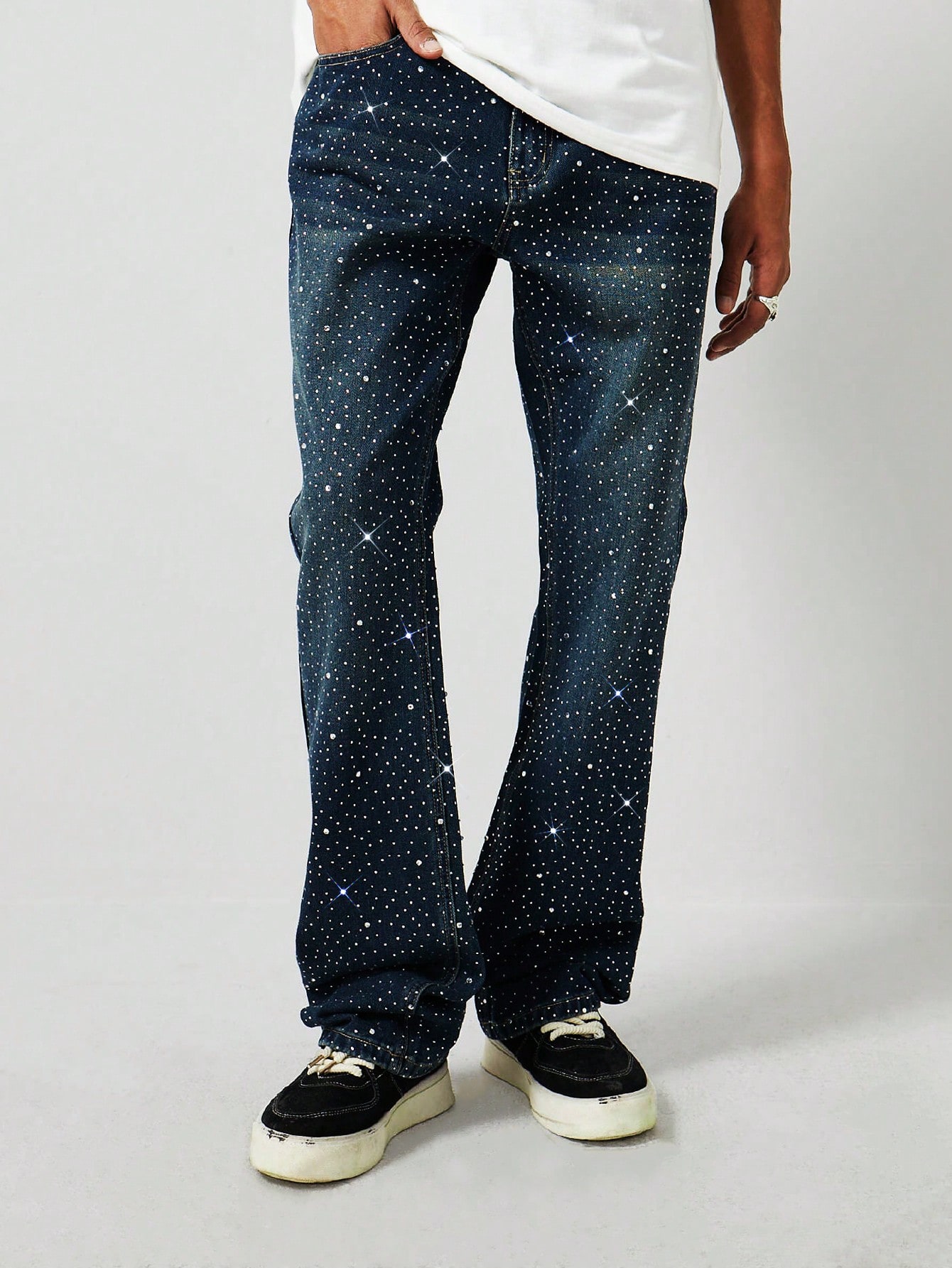 Street Life Sparkling Diamond Embellished Flare Leg Men's Jeans
