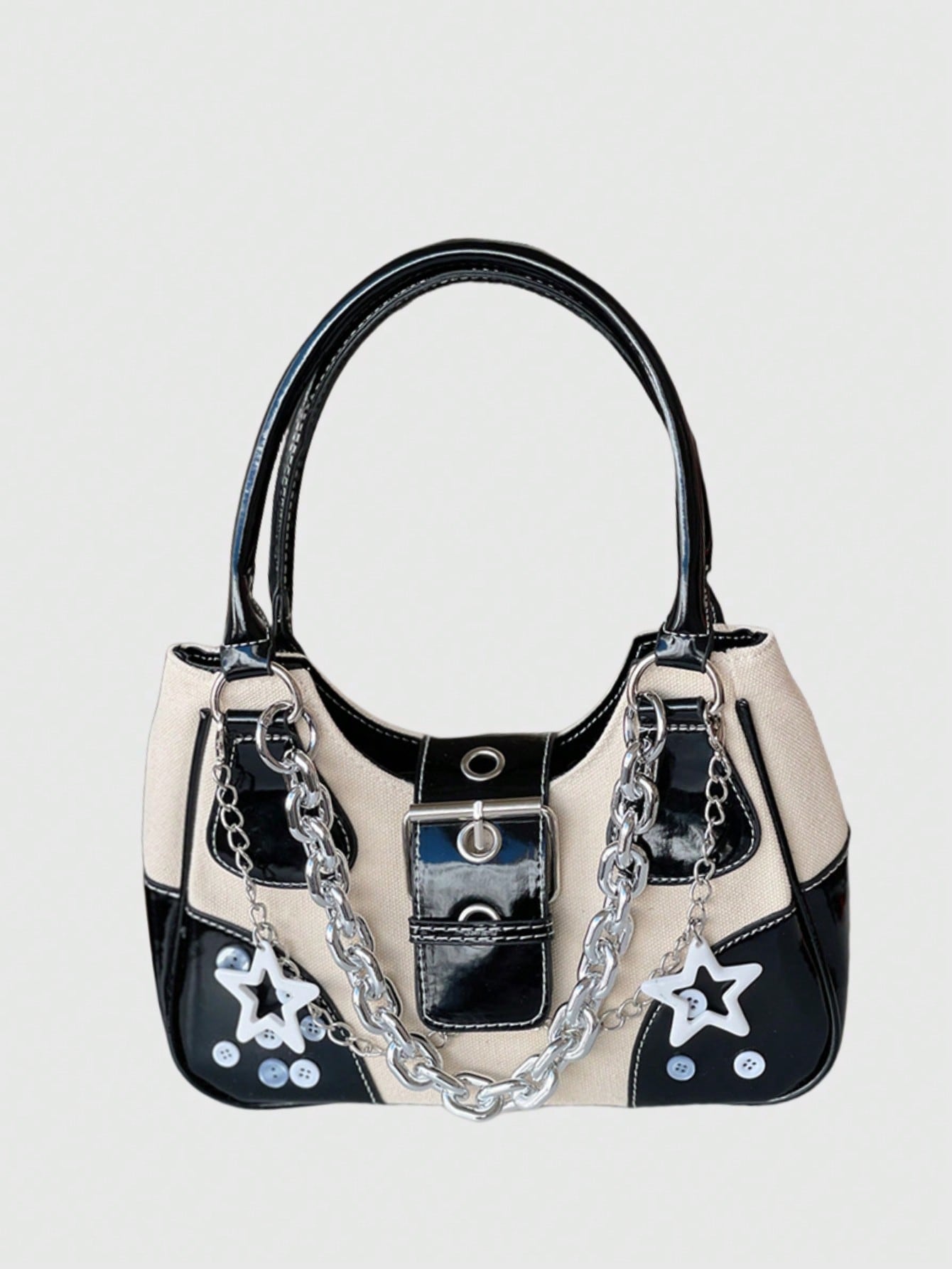 Grunge Punk Y2K Chic Fashionable Star Metal Chain Shoulder Bag, Vintage Faux Leather Patchwork Adjustable Strap Handbag