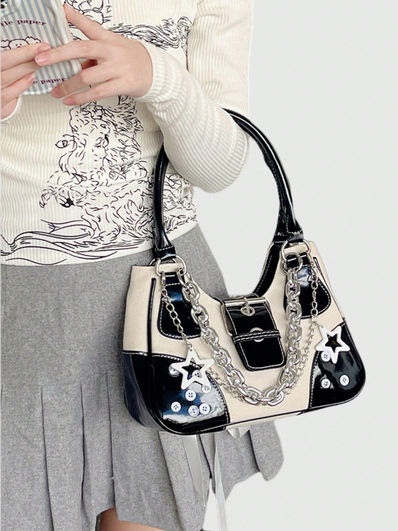 Grunge Punk Y2K Chic Fashionable Star Metal Chain Shoulder Bag, Vintage Faux Leather Patchwork Adjustable Strap Handbag