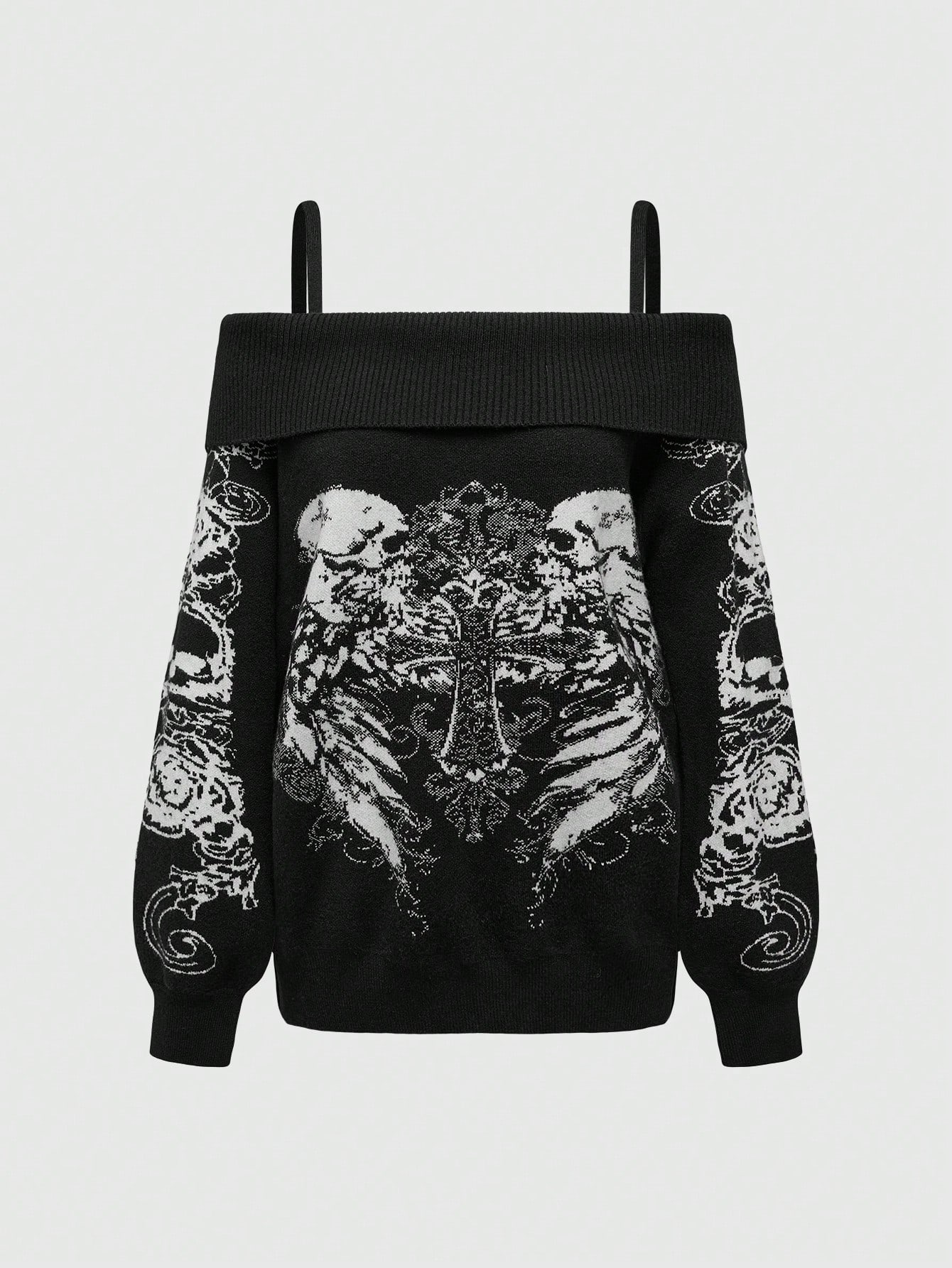Fairycore Women's Vintage Subculture Millenial Cold Shoulder Skeleton Intarsia Pullover Sweater