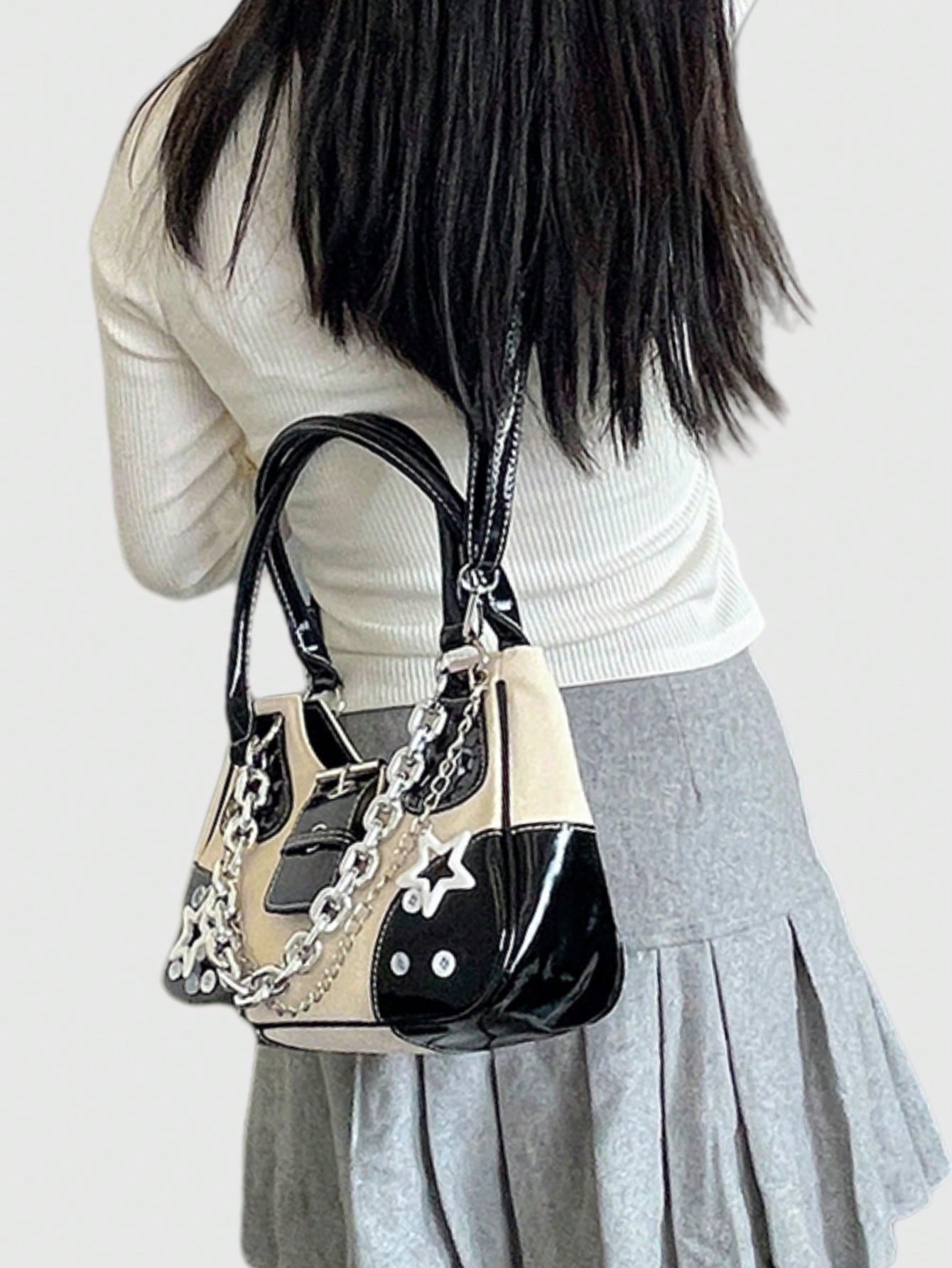 Grunge Punk Y2K Chic Fashionable Star Metal Chain Shoulder Bag, Vintage Faux Leather Patchwork Adjustable Strap Handbag