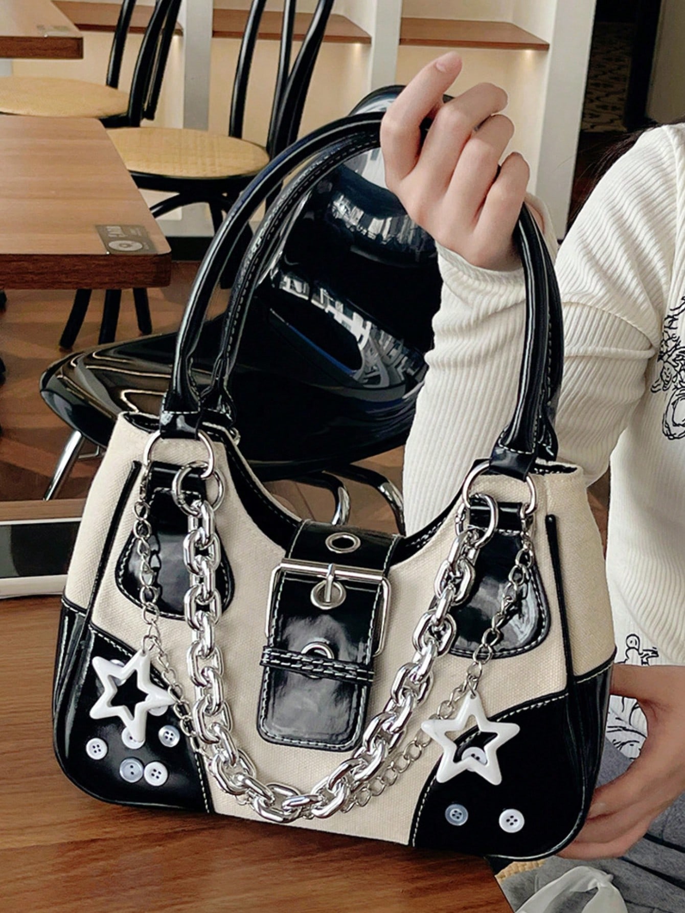 Grunge Punk Y2K Chic Fashionable Star Metal Chain Shoulder Bag, Vintage Faux Leather Patchwork Adjustable Strap Handbag