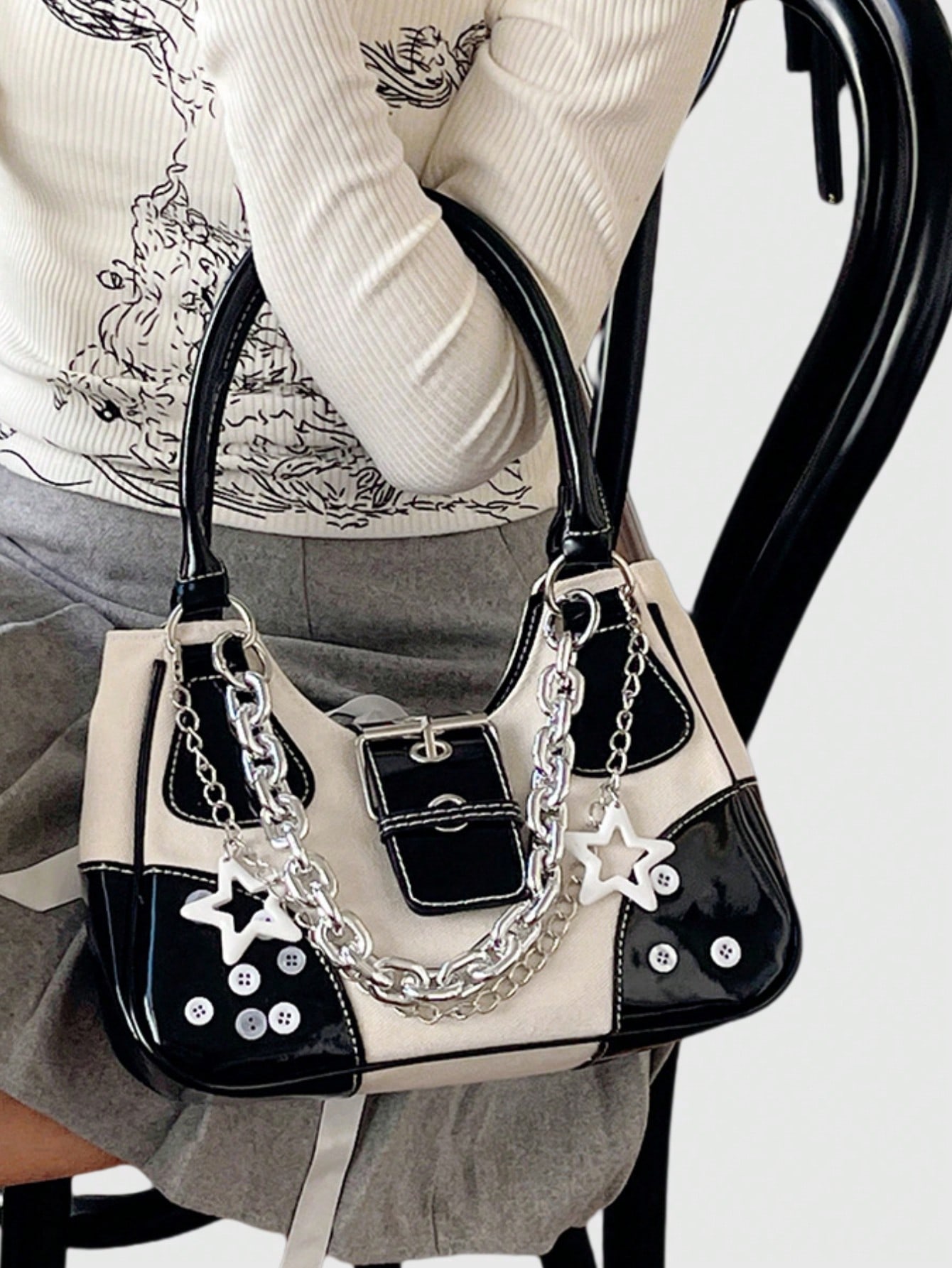 Grunge Punk Y2K Chic Fashionable Star Metal Chain Shoulder Bag, Vintage Faux Leather Patchwork Adjustable Strap Handbag