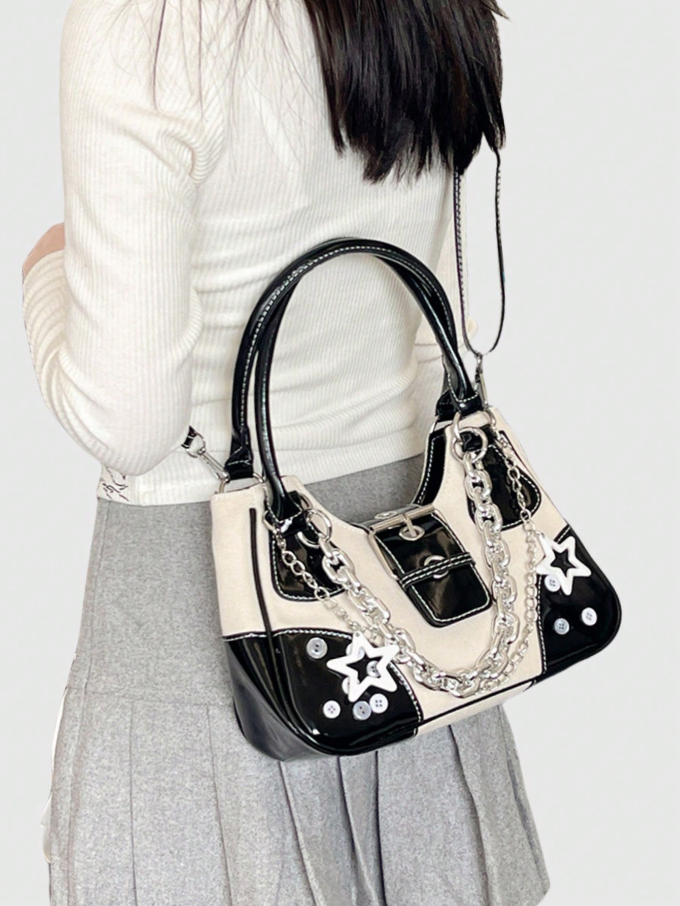 Grunge Punk Y2K Chic Fashionable Star Metal Chain Shoulder Bag, Vintage Faux Leather Patchwork Adjustable Strap Handbag