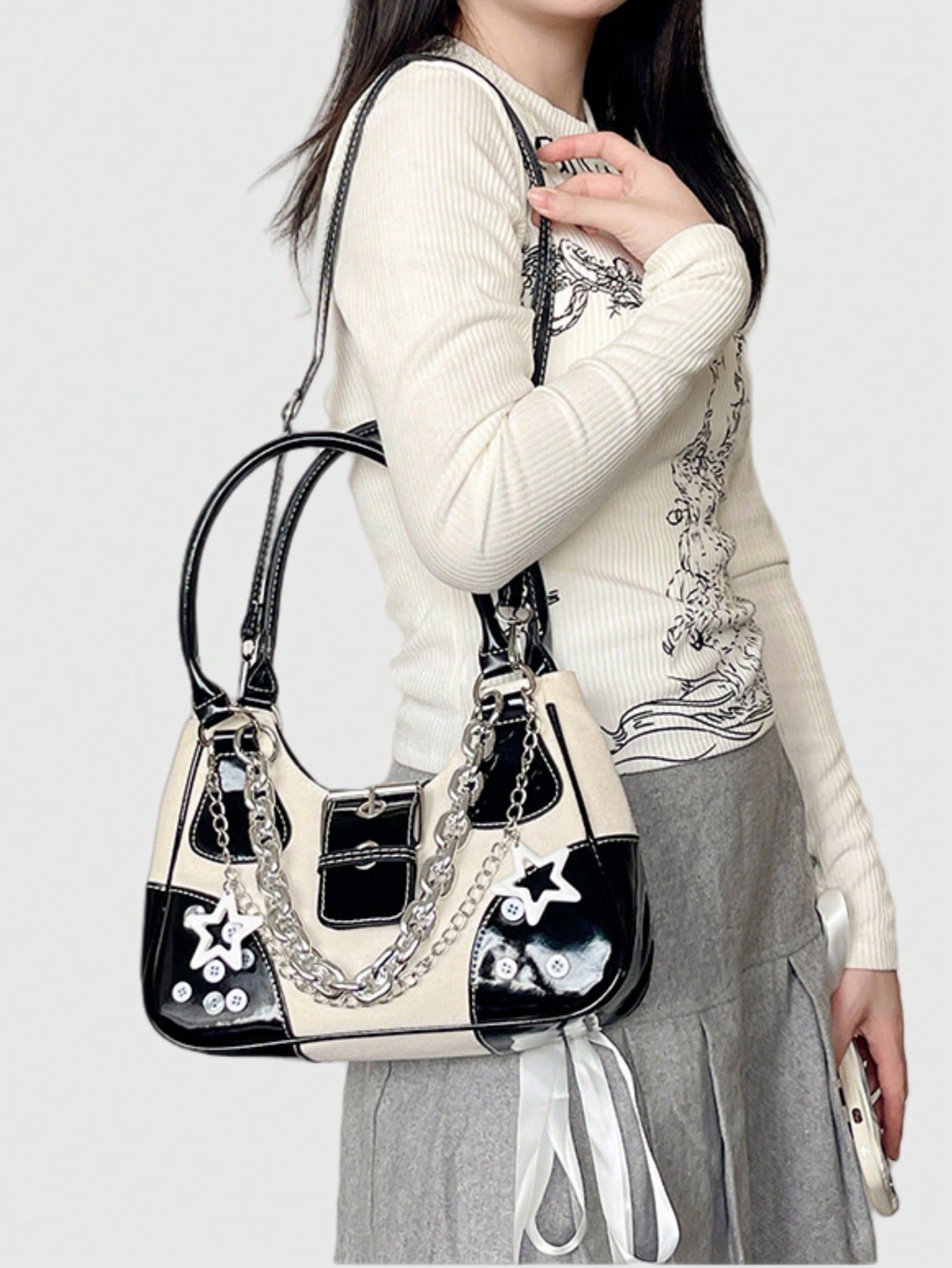 Grunge Punk Y2K Chic Fashionable Star Metal Chain Shoulder Bag, Vintage Faux Leather Patchwork Adjustable Strap Handbag