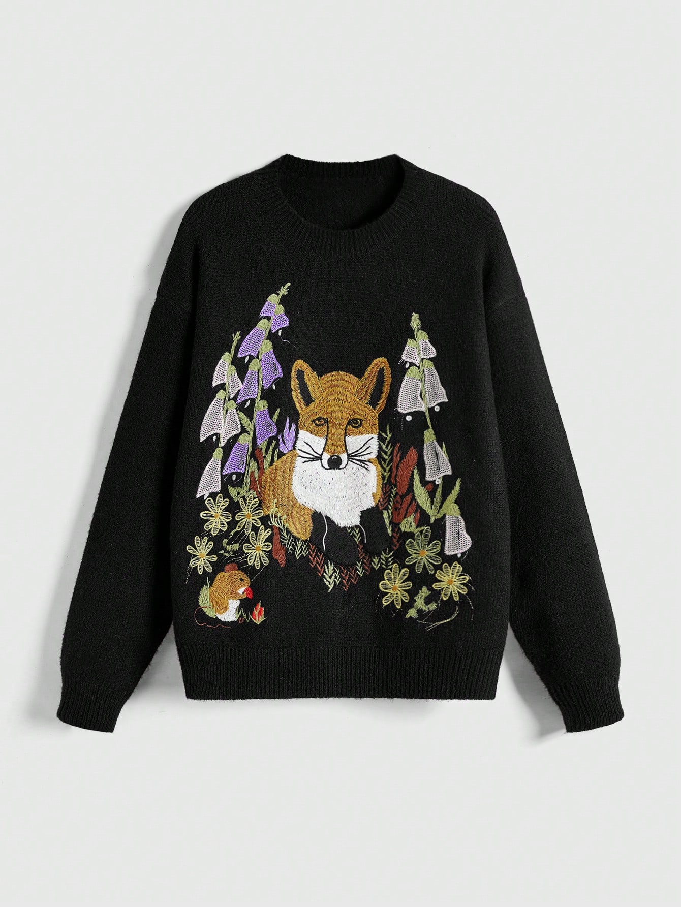 Fairycore Women Plus Size Cottage Core Style Fox & Floral Embroidery Knit Sweater