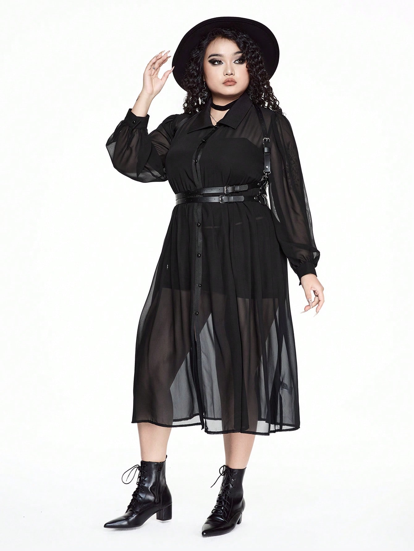 Goth Plus Size Women Gothic Punk Solid Mesh See-Through Sheer Cardigan Dress