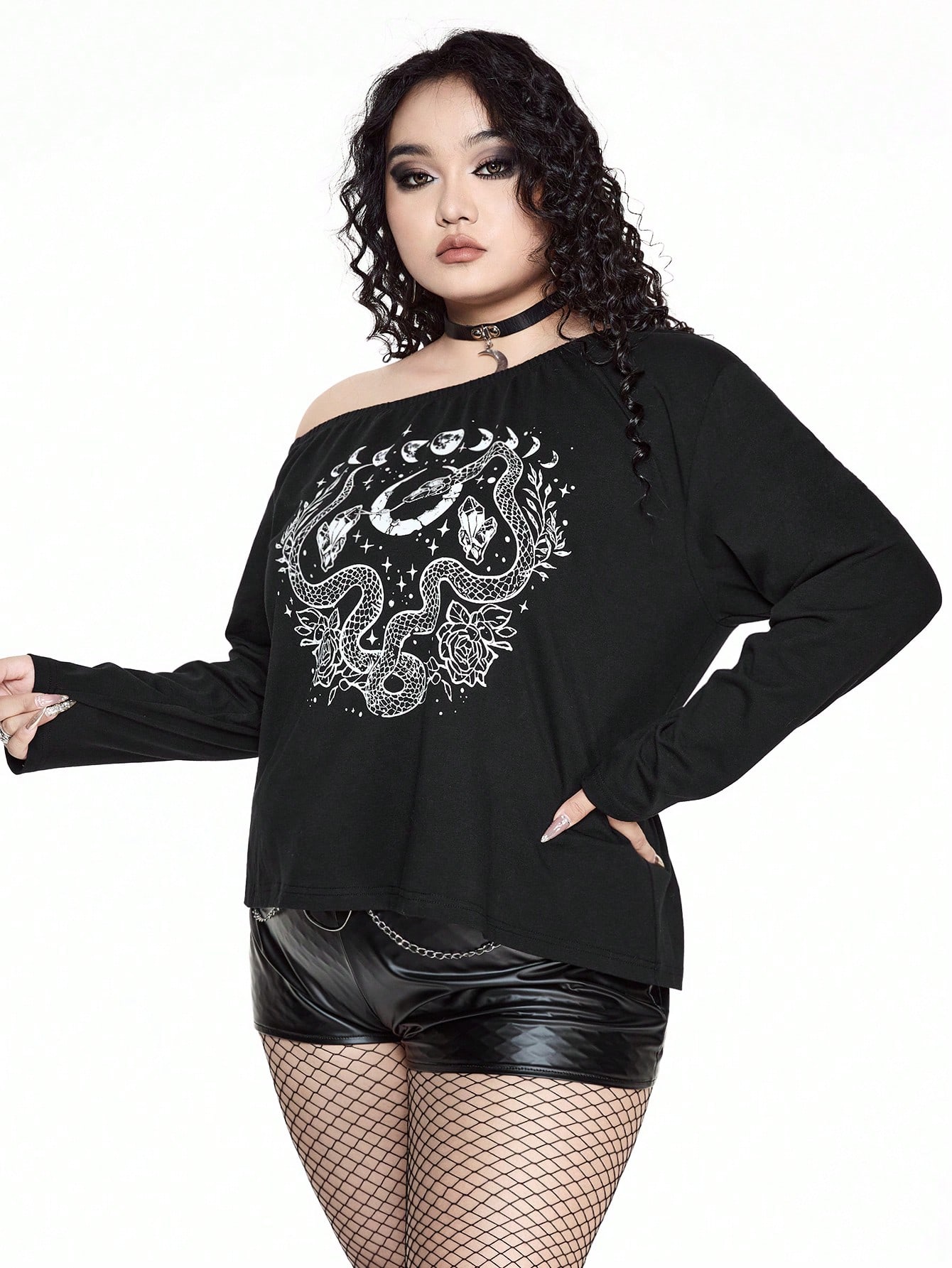 Goth Plus Size Women Snake Print Asymmetric Neck Long Sleeve Casual T-Shirt