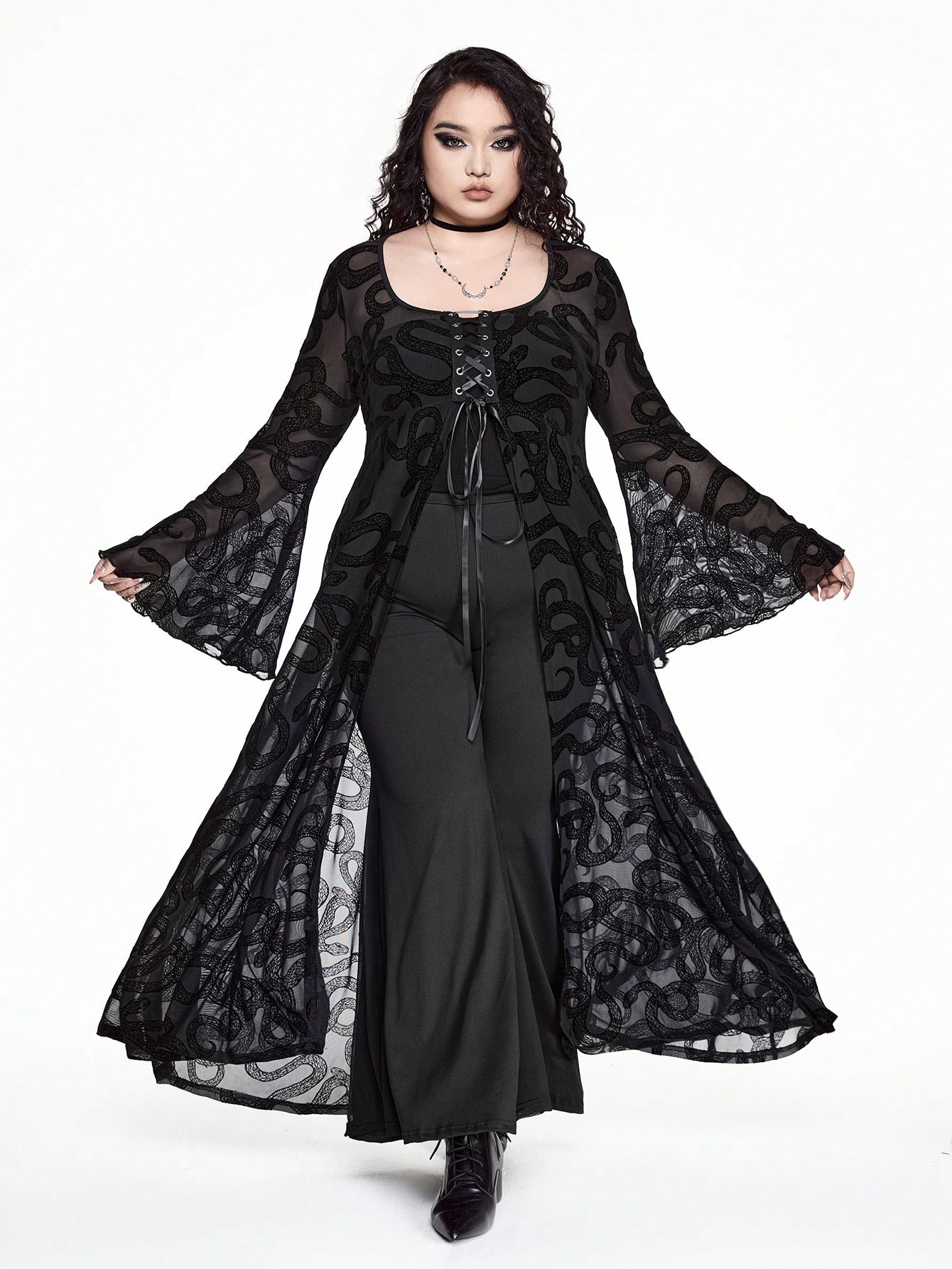 Goth Plus Size Gothic Snake Skin Flocked Flare Sleeve Dress