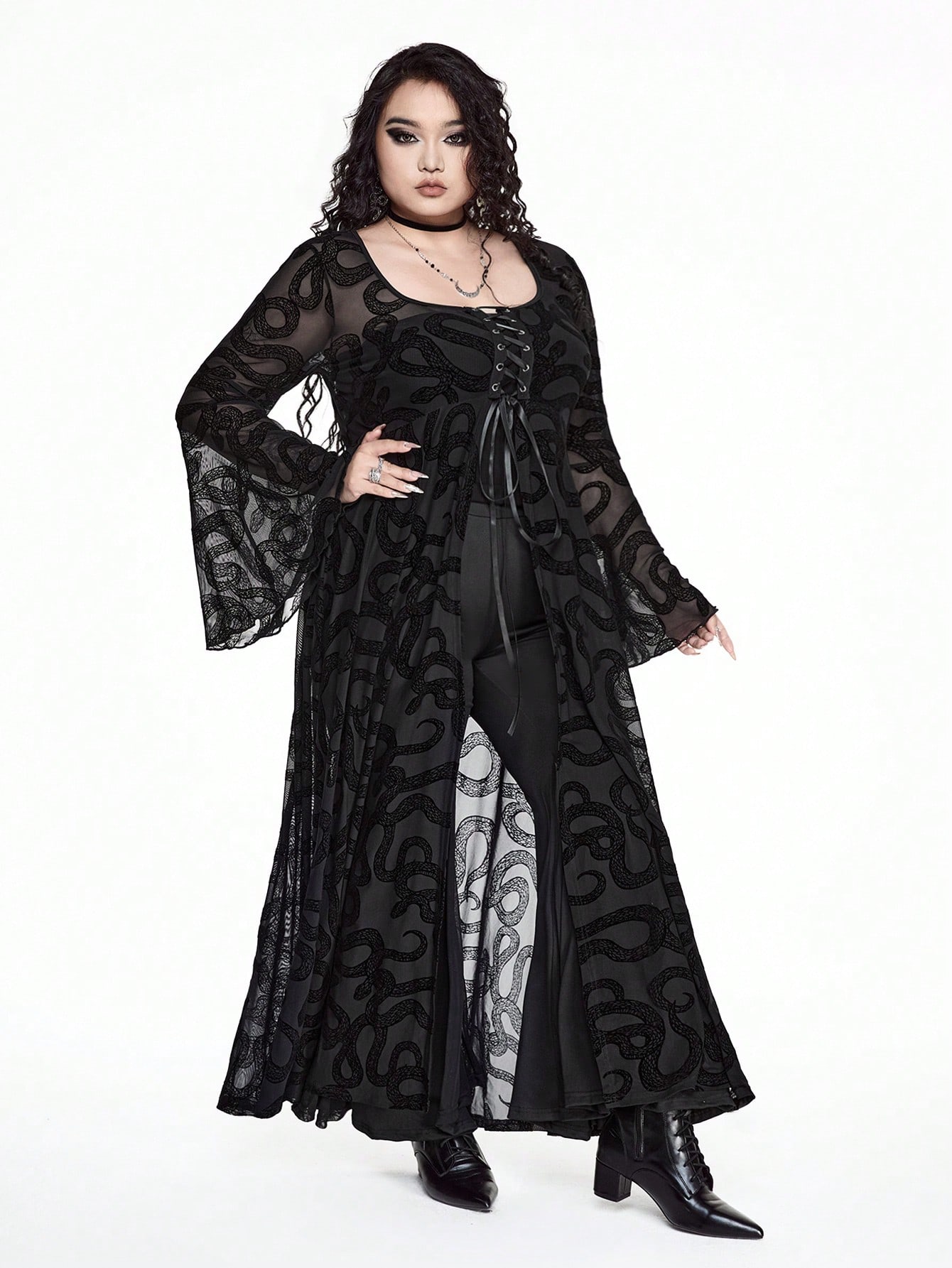 Goth Plus Size Gothic Snake Skin Flocked Flare Sleeve Dress
