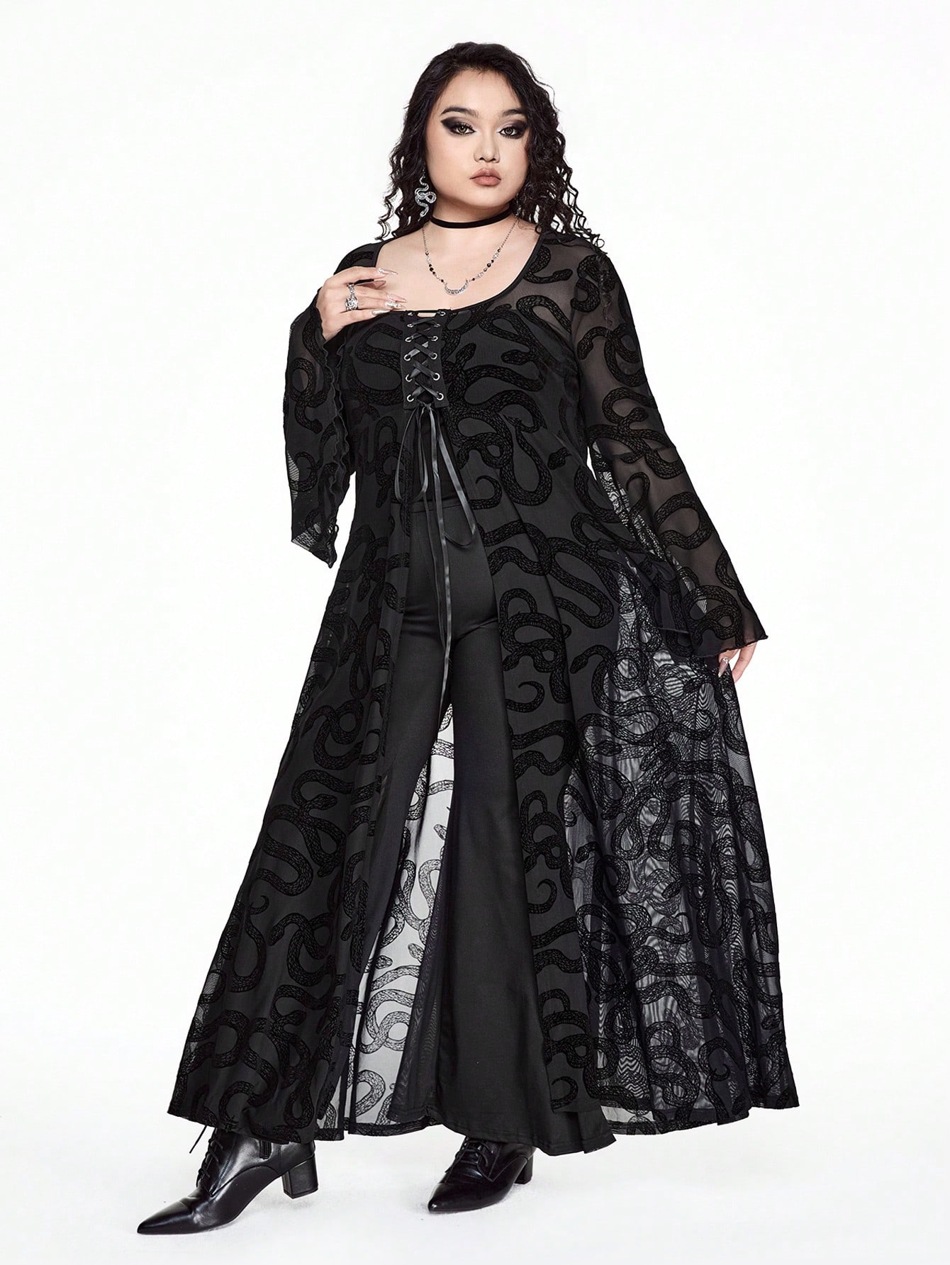 Goth Plus Size Gothic Snake Skin Flocked Flare Sleeve Dress