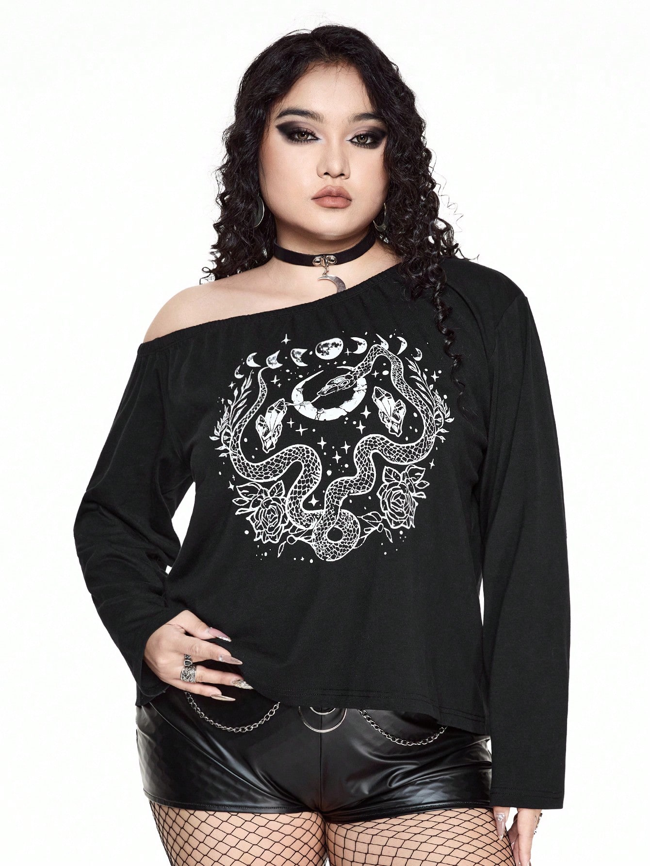 Goth Plus Size Women Snake Print Asymmetric Neck Long Sleeve Casual T-Shirt