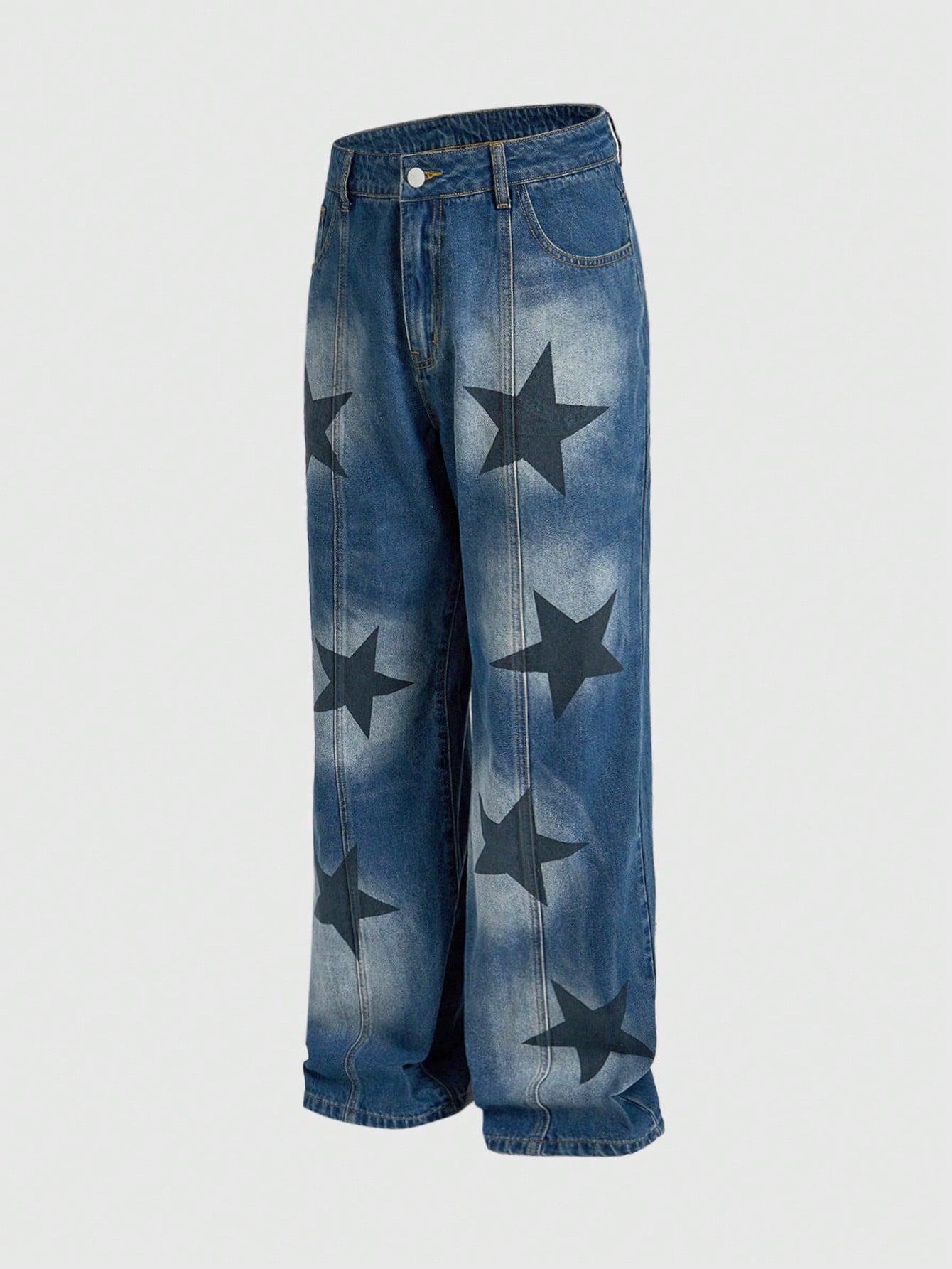 Street Life Men's Casual Distressed Color Block Star Print Baggy Denim Jeans
