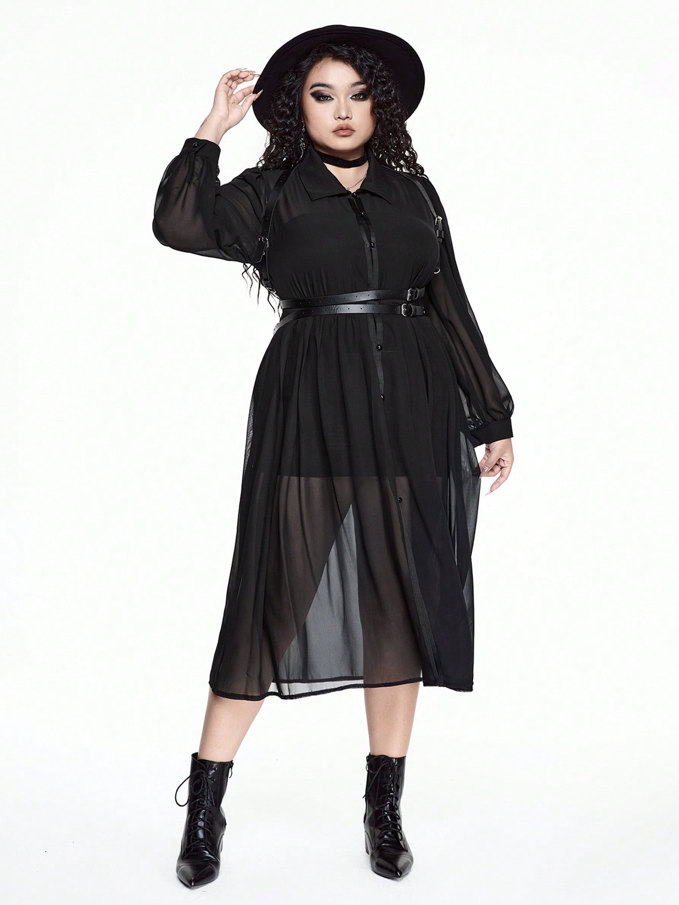 Goth Plus Size Women Gothic Punk Solid Mesh See-Through Sheer Cardigan Dress
