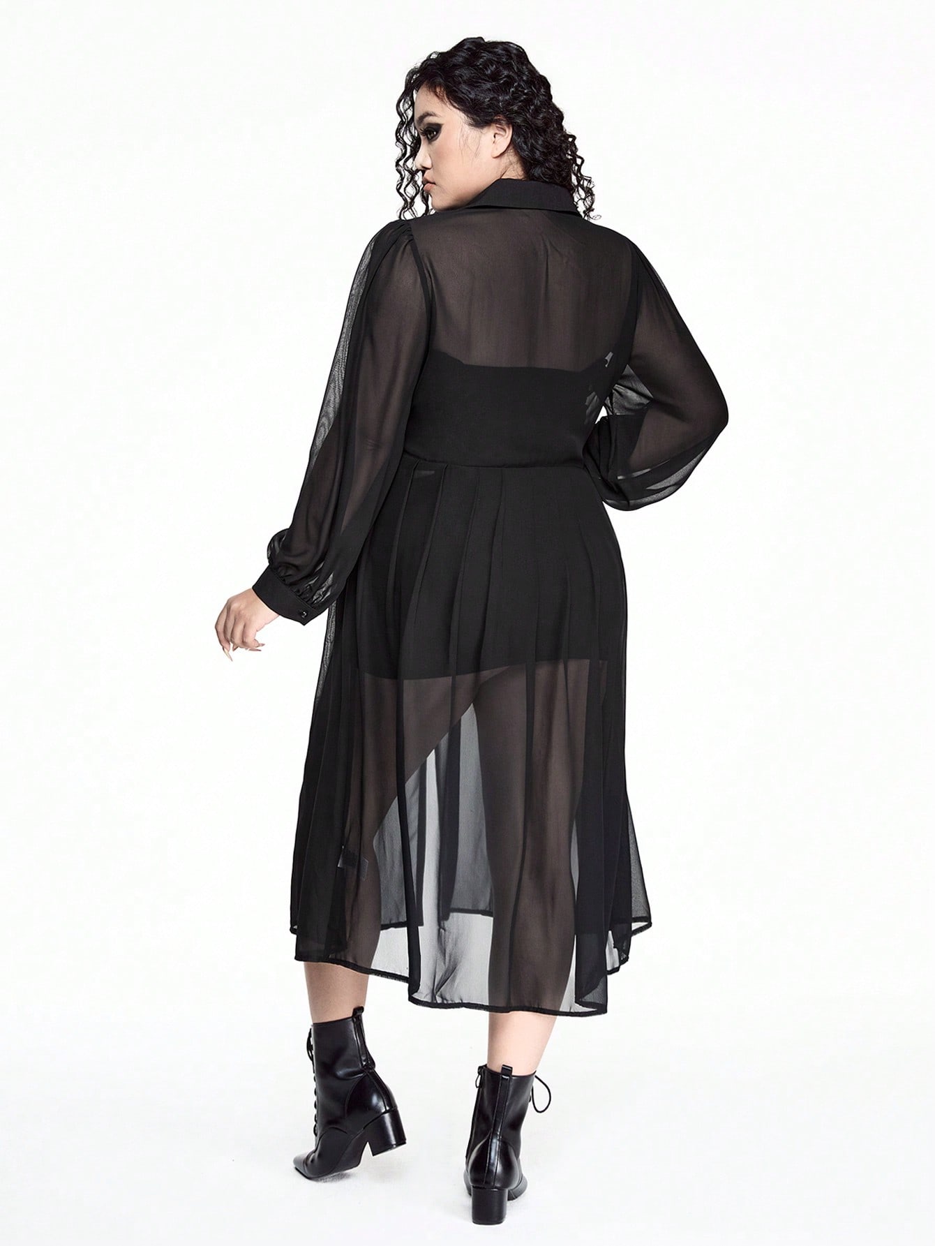 Goth Plus Size Women Gothic Punk Solid Mesh See-Through Sheer Cardigan Dress