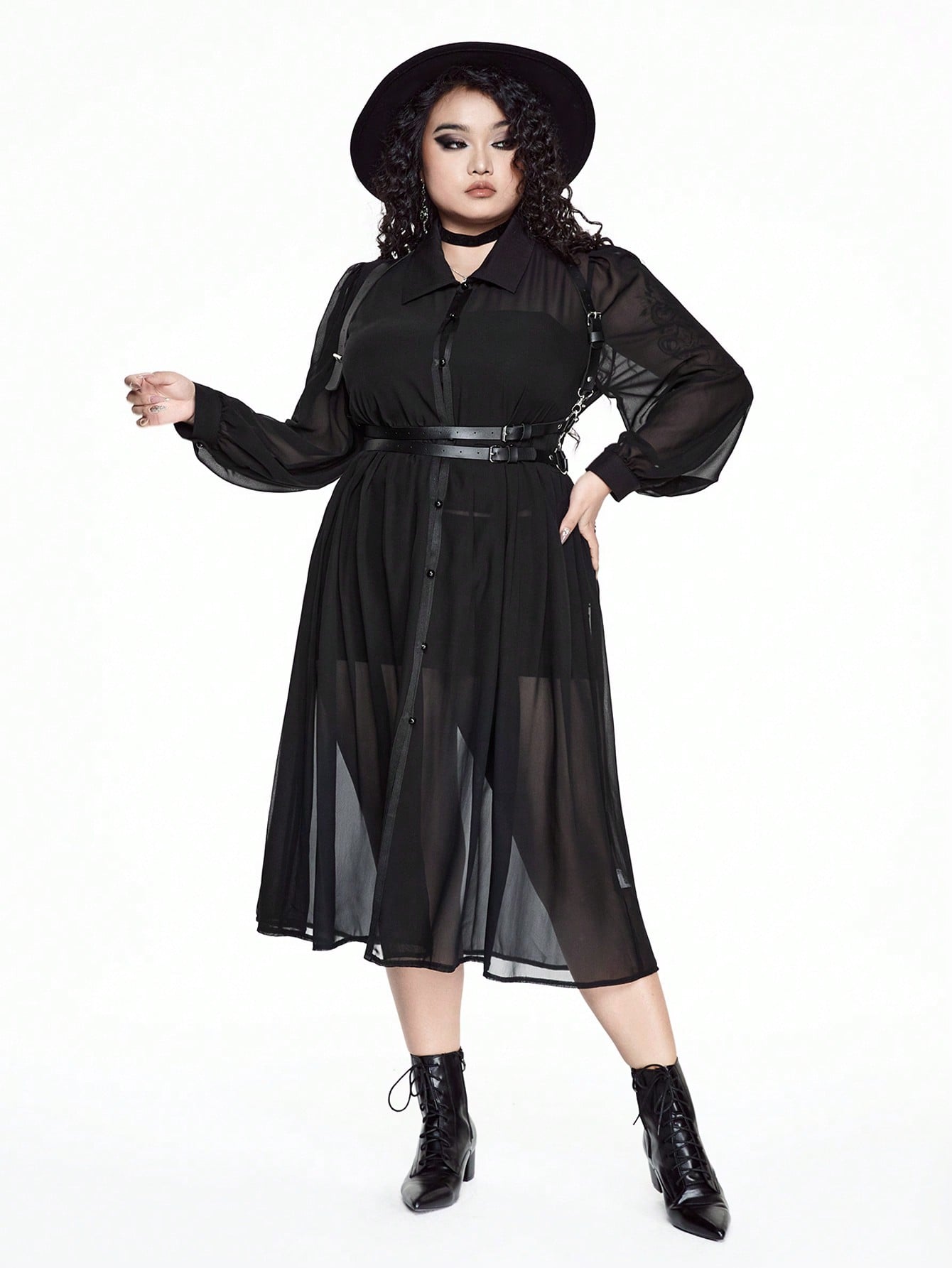 Goth Plus Size Women Gothic Punk Solid Mesh See-Through Sheer Cardigan Dress