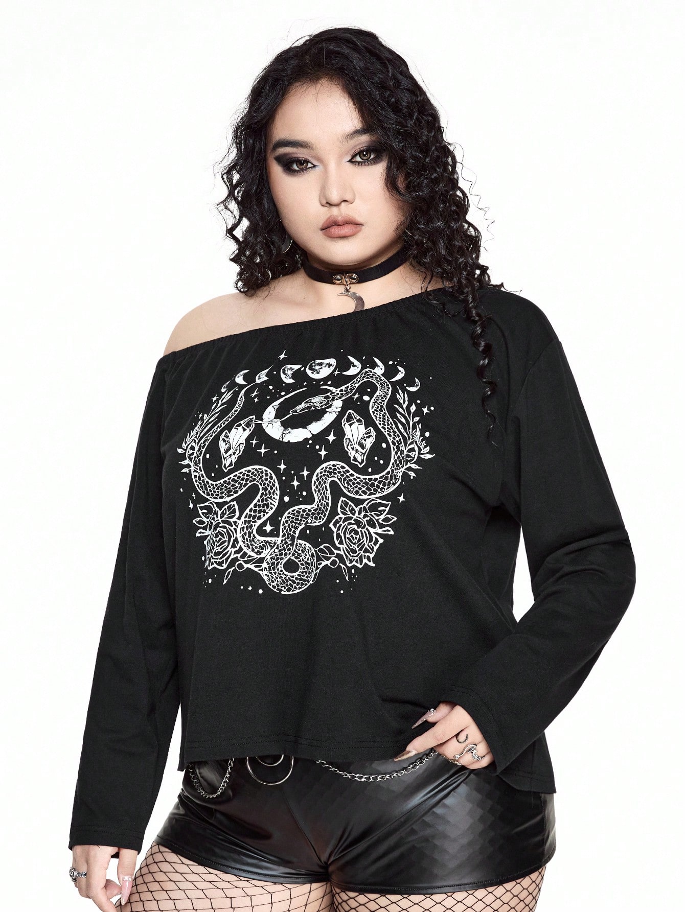 Goth Plus Size Women Snake Print Asymmetric Neck Long Sleeve Casual T-Shirt