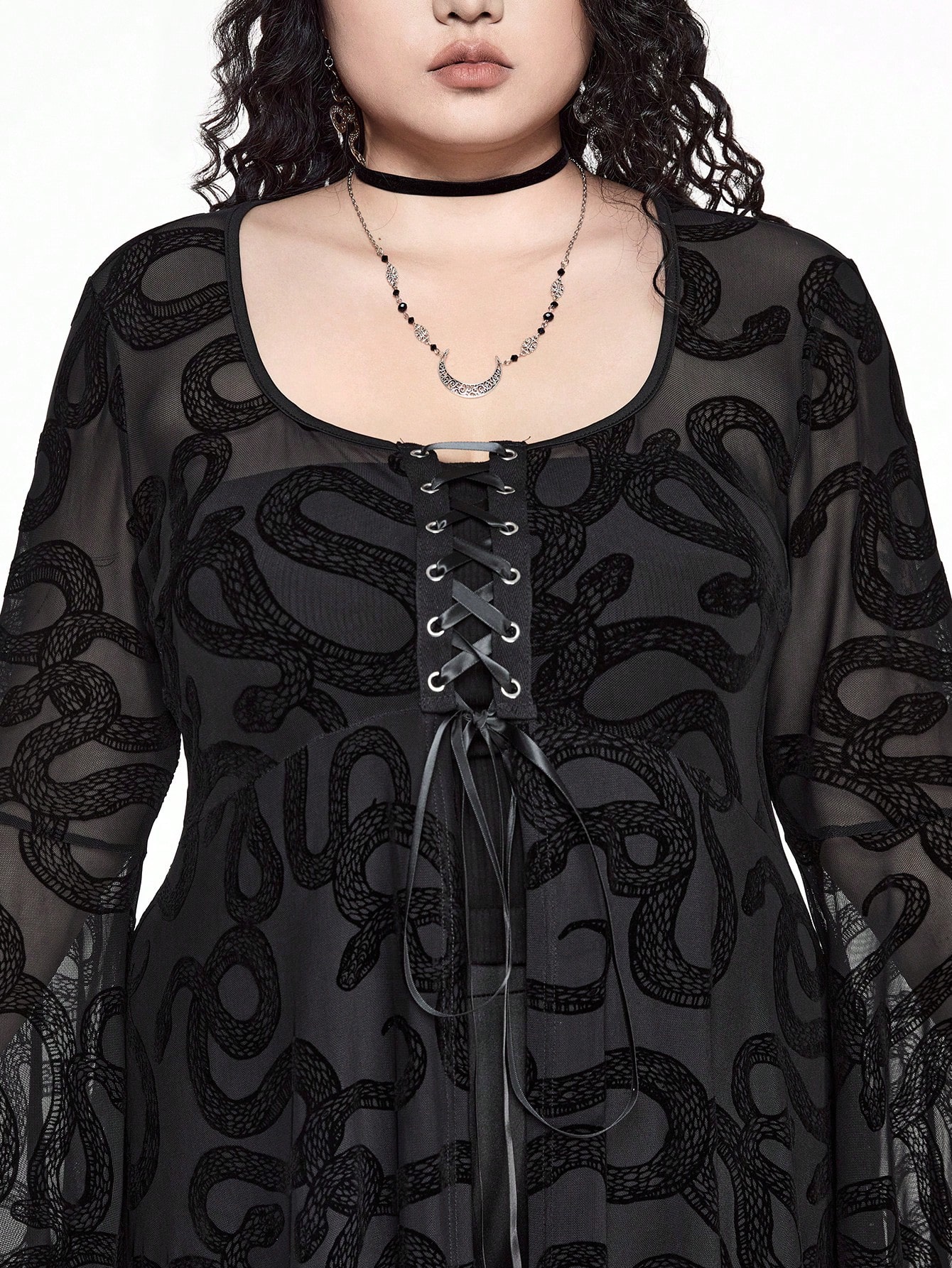 Goth Plus Size Gothic Snake Skin Flocked Flare Sleeve Dress