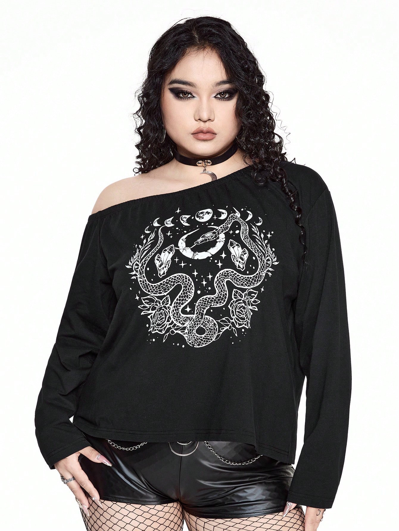 Goth Plus Size Women Snake Print Asymmetric Neck Long Sleeve Casual T-Shirt