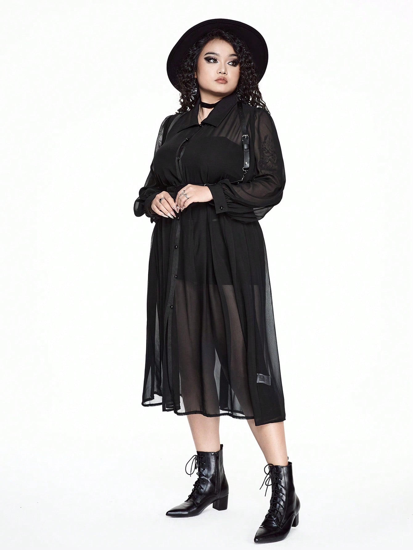 Goth Plus Size Women Gothic Punk Solid Mesh See-Through Sheer Cardigan Dress