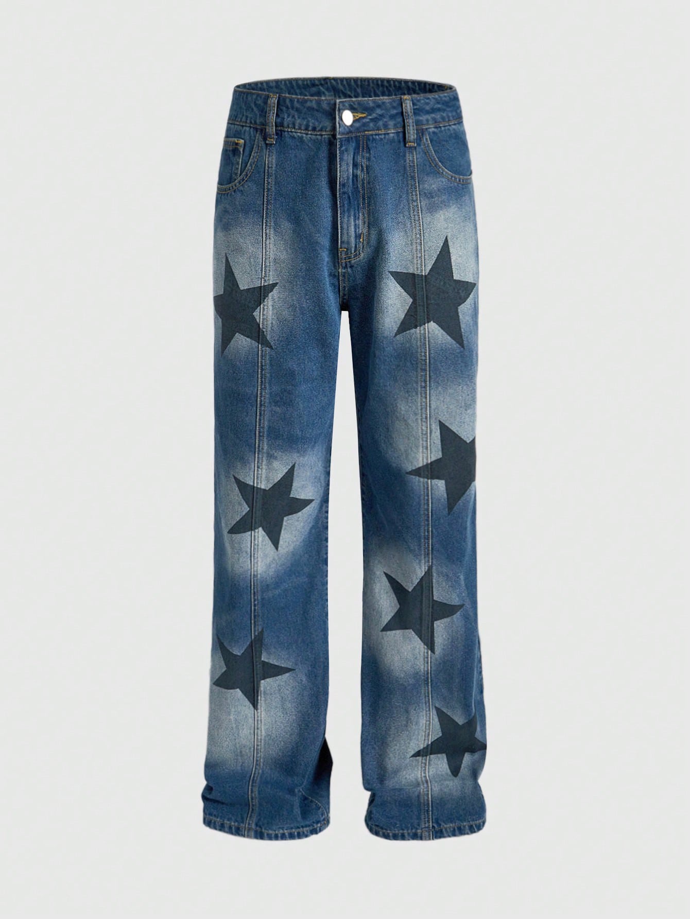 Street Life Men's Casual Distressed Color Block Star Print Baggy Denim Jeans