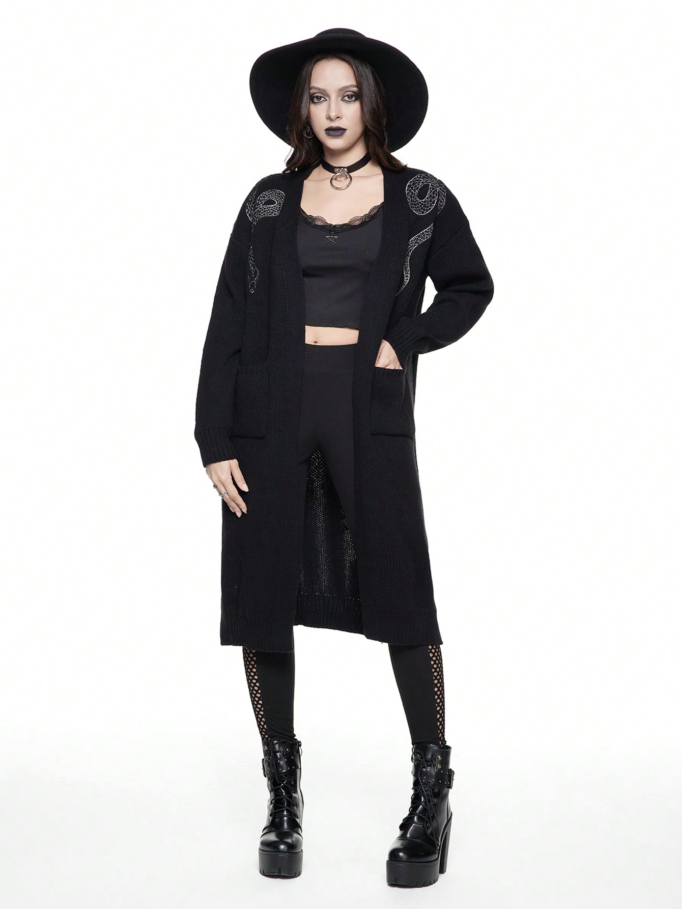 Goth Gothic Snake And Floral Embroidered Long Cardigan, Casual
