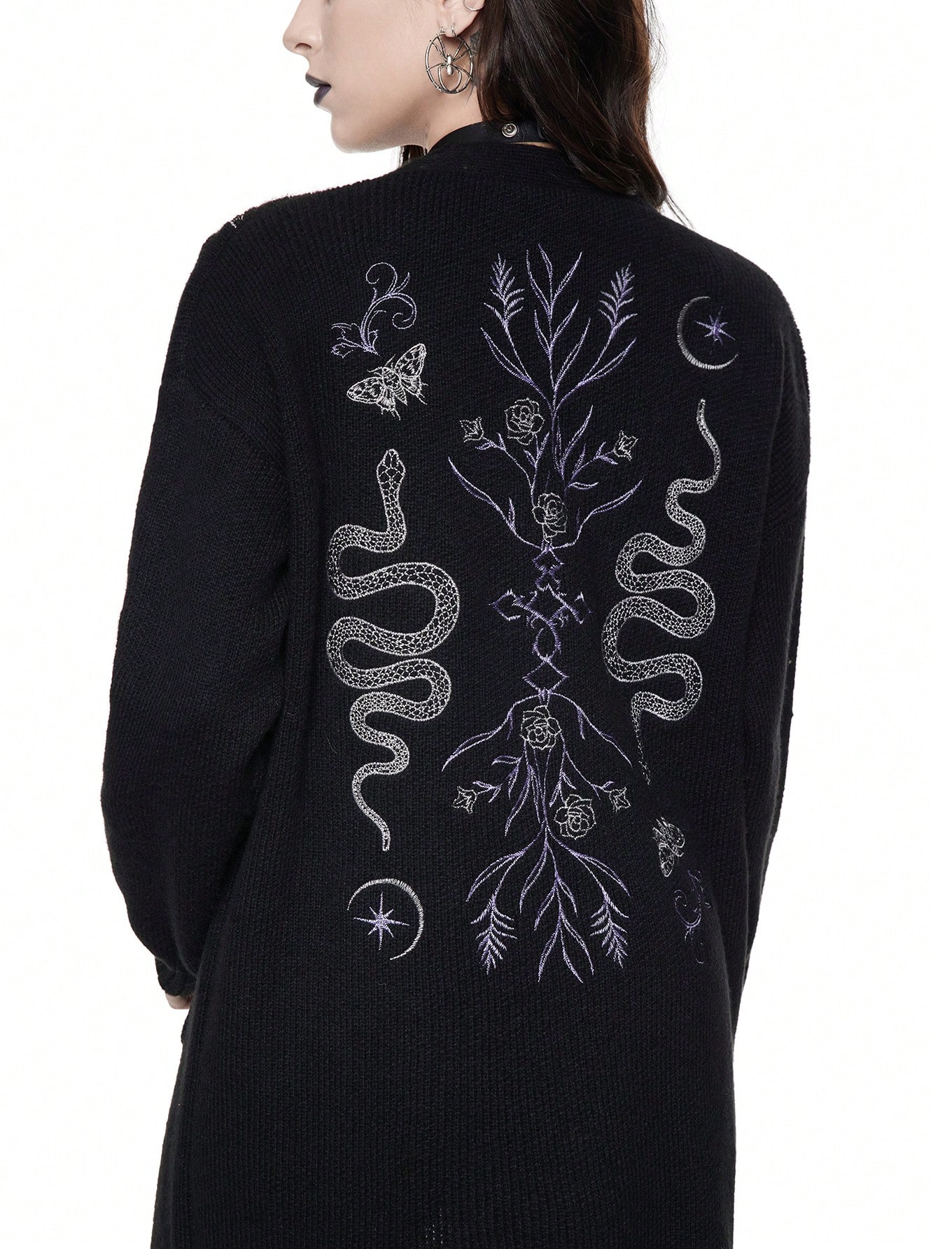 Goth Gothic Snake And Floral Embroidered Long Cardigan, Casual