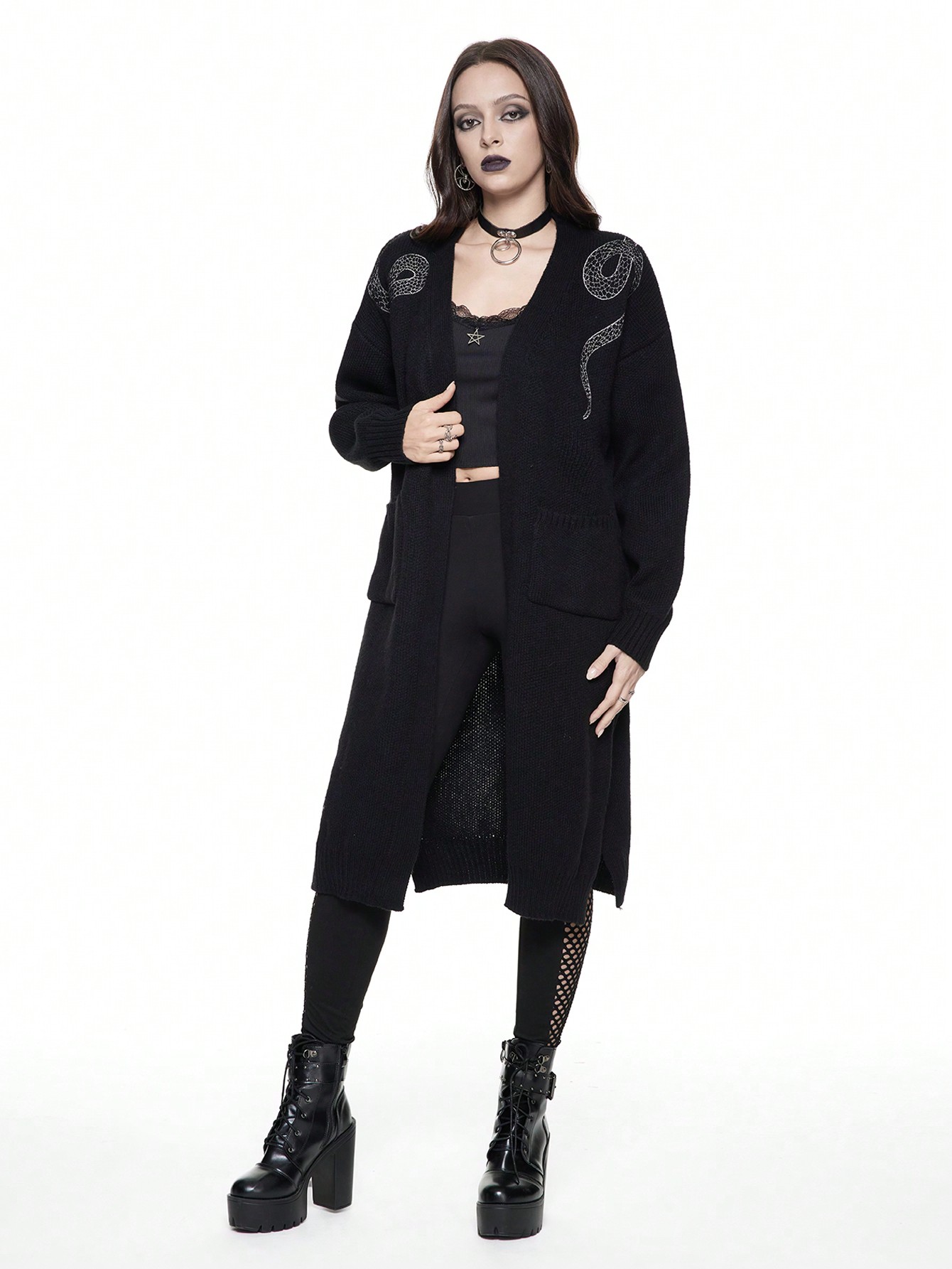 Goth Gothic Snake And Floral Embroidered Long Cardigan, Casual