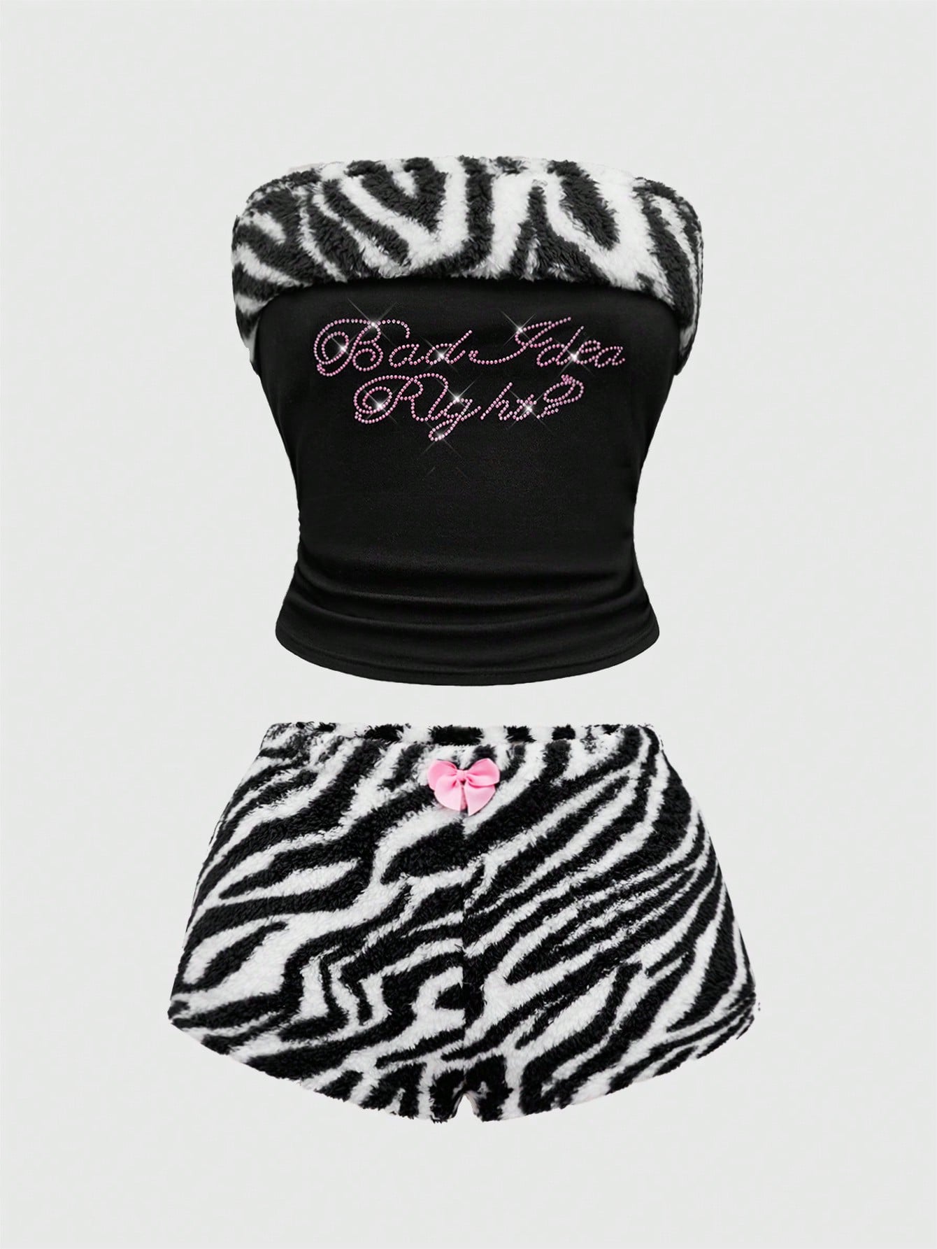 J-Fashion Y2K Zebra Print Rhinestone Plush Camisole And Shorts 2pcs Set For Women, Casual Loungewear