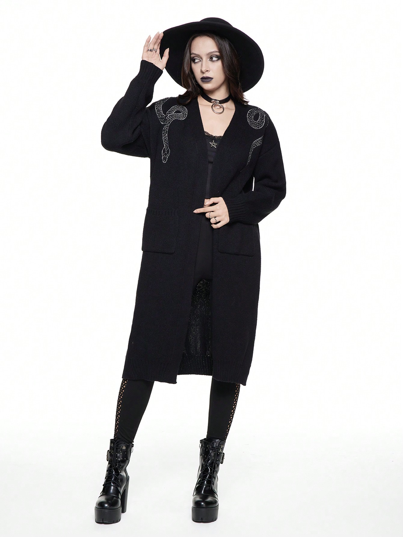 Goth Gothic Snake And Floral Embroidered Long Cardigan, Casual