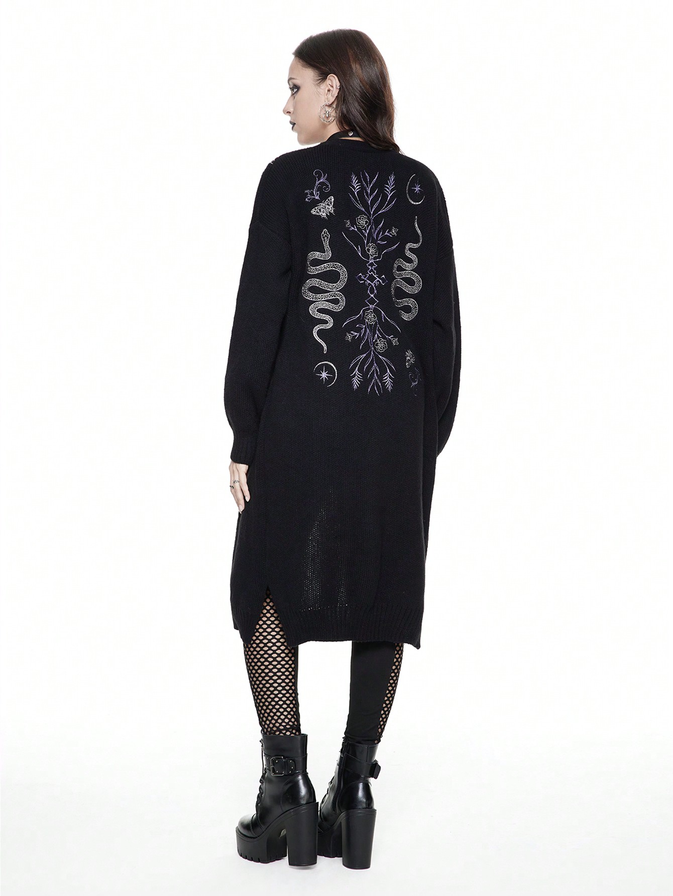 Goth Gothic Snake And Floral Embroidered Long Cardigan, Casual
