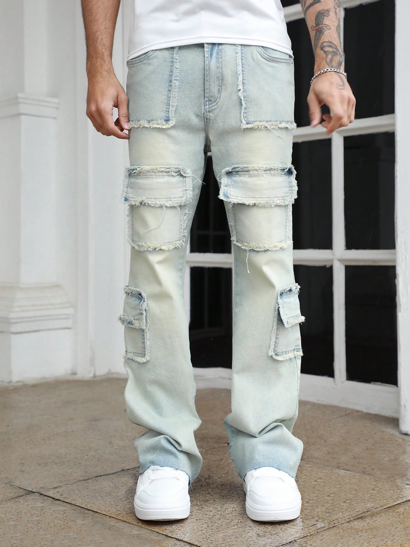 Street Life Men's Cargo Pocket Distressed Straight Leg Casual Denim Jeans