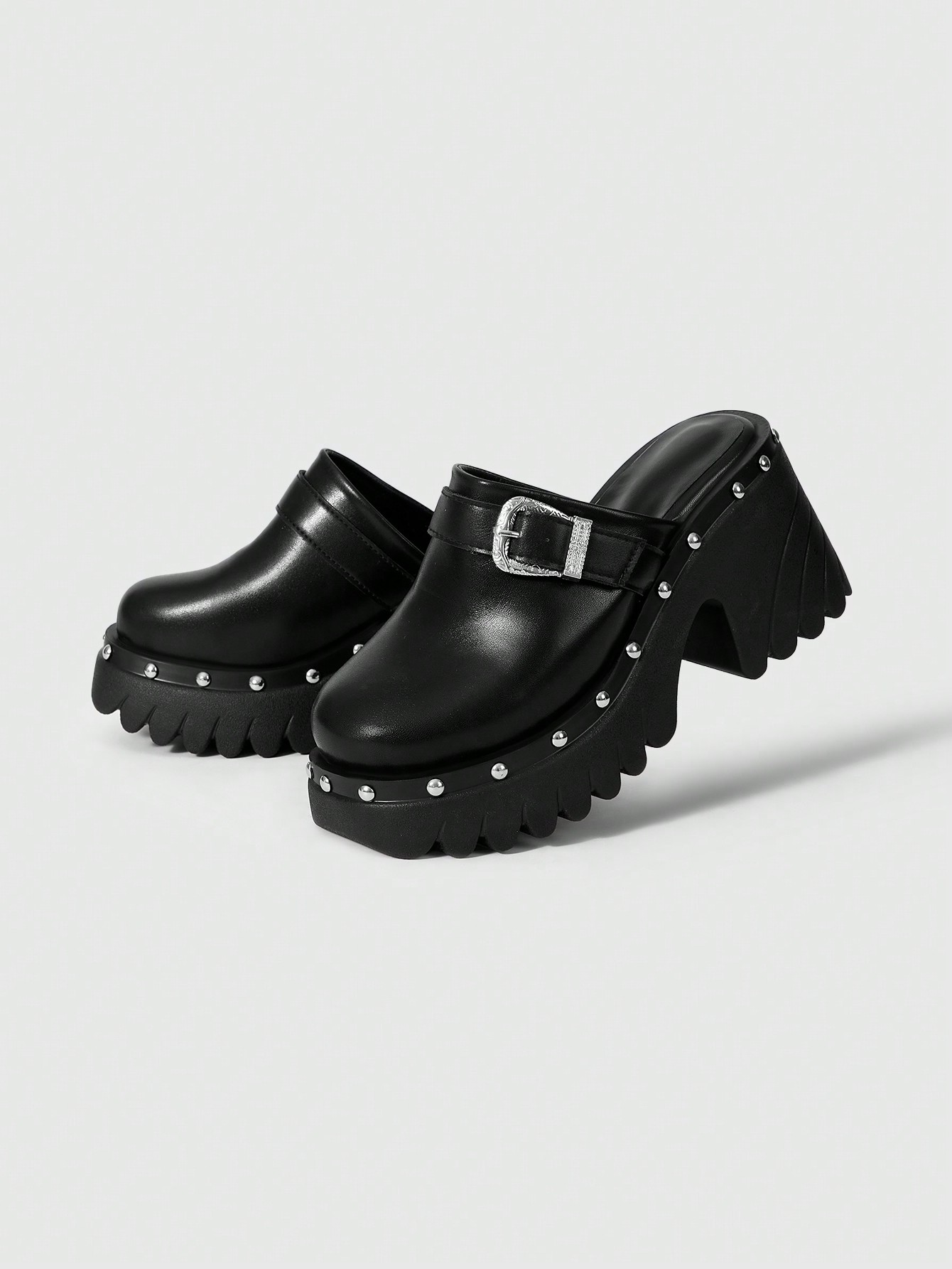 Grunge Punk Women Gothic Style Mule Sandals With Closed Toe, Chunky Heel, Ankle Strap, And Closed Toe, Suitable For Outdoor Wear